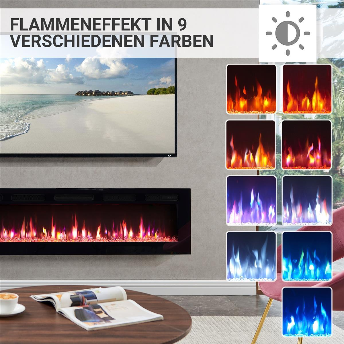 Moderner Kamin mit Flammen-Effekt in verschiedenen Farben und einem Fernsehbild.