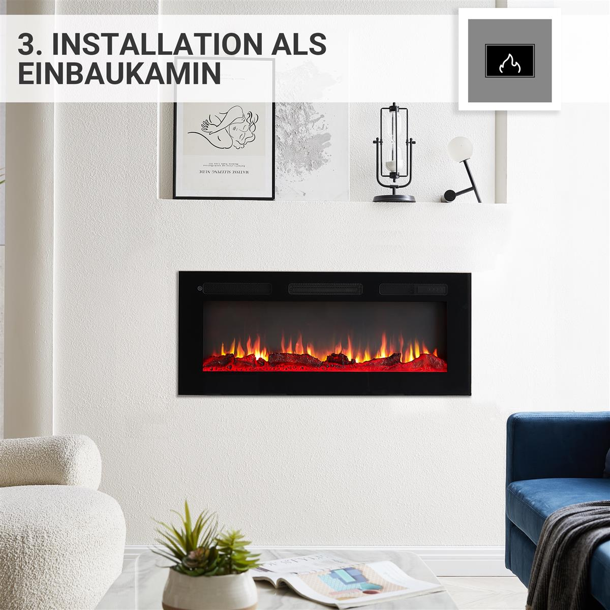 Einbaukamin mit lebensechten Flammen in einem modernen Wohnzimmer.