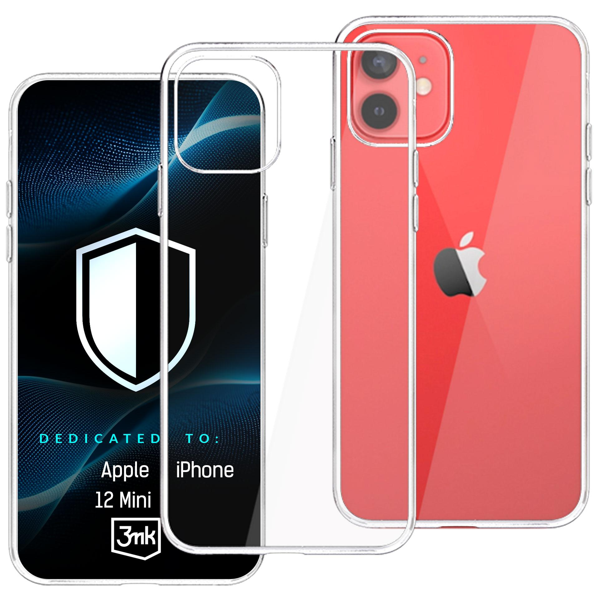 Czerwony iPhone 12 Mini z przezroczystym etui i logo tarczy.