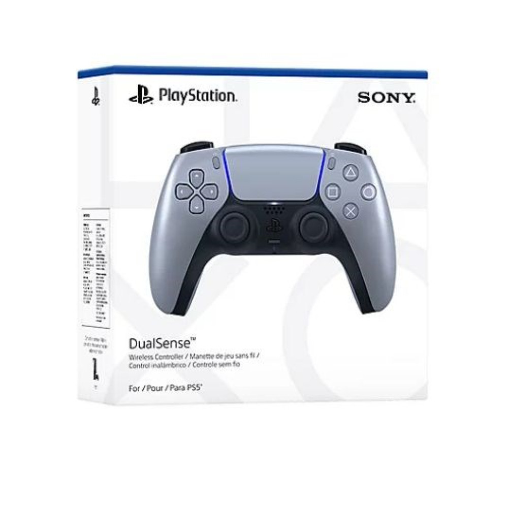 Szary kontroler PlayStation 5 DualSense na białym opakowaniu.