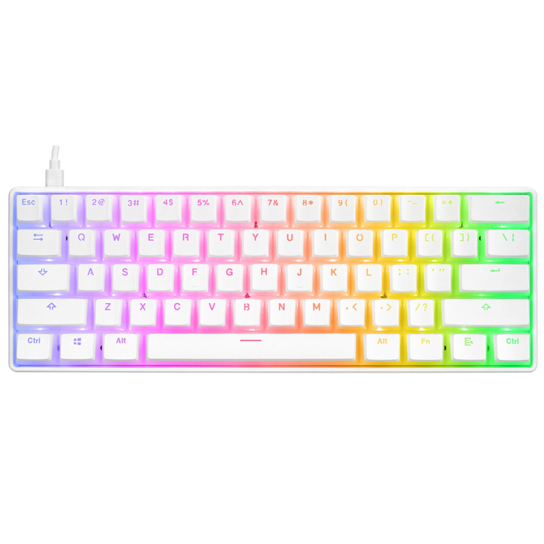 Mavi, pembe, sarı ve yeşil arasında geçiş yapan RGB aydınlatmalı beyaz klavye.