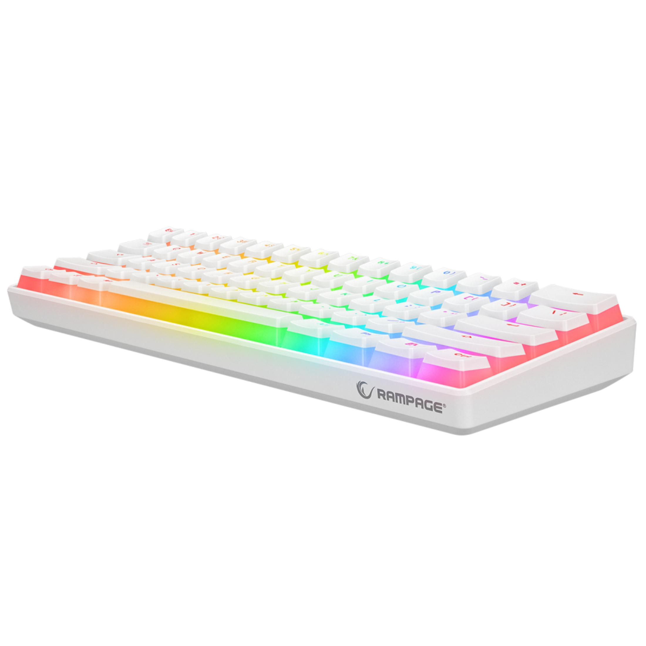 Beyaz Rampage oyuncu klavyesi RGB aydınlatmalı, beyaz arka planda.