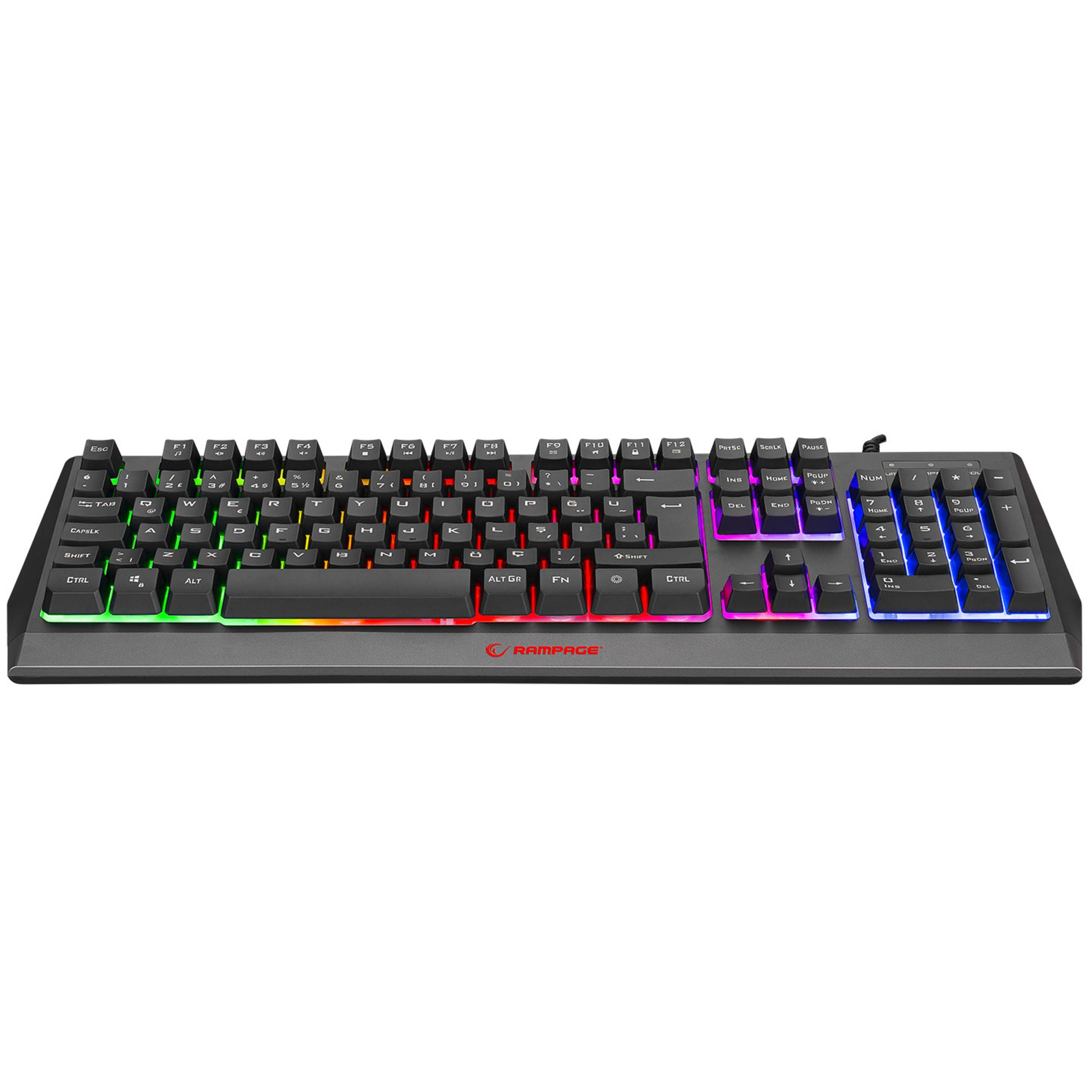 Beyaz arka plan üzerinde RGB aydınlatmalı siyah klavye.