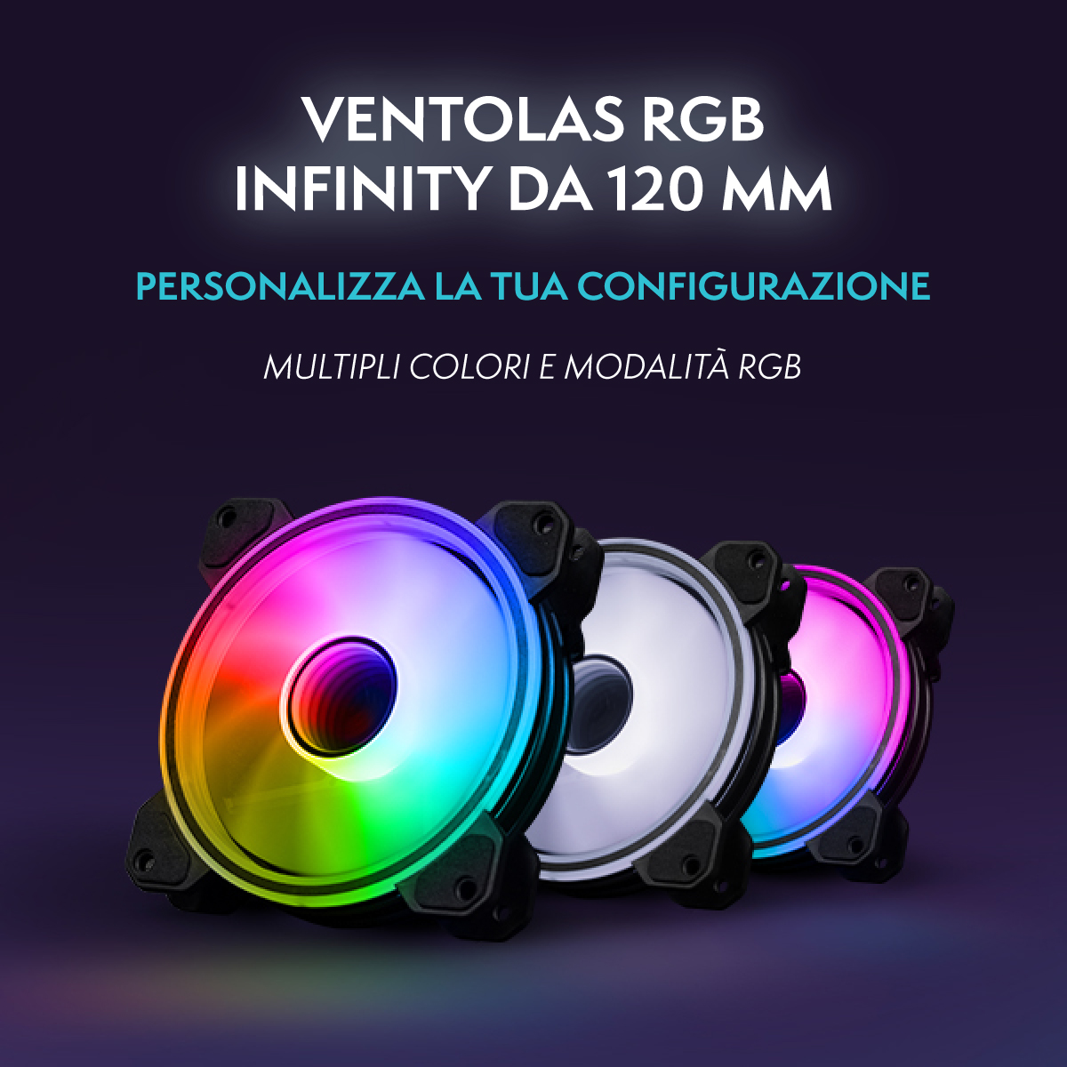 Tres ventiladores RGB Infinity de 120 mm con luces de colores sobre fondo oscuro.