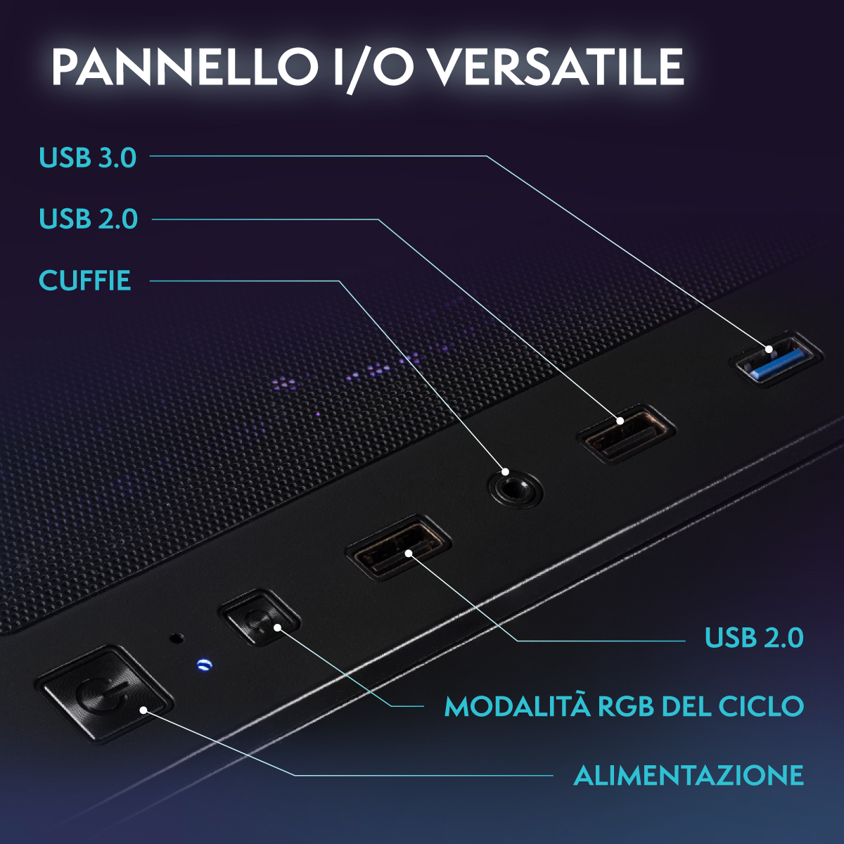Un panel de E/S negro con puertos USB, conector de auriculares y botón de encendido.
