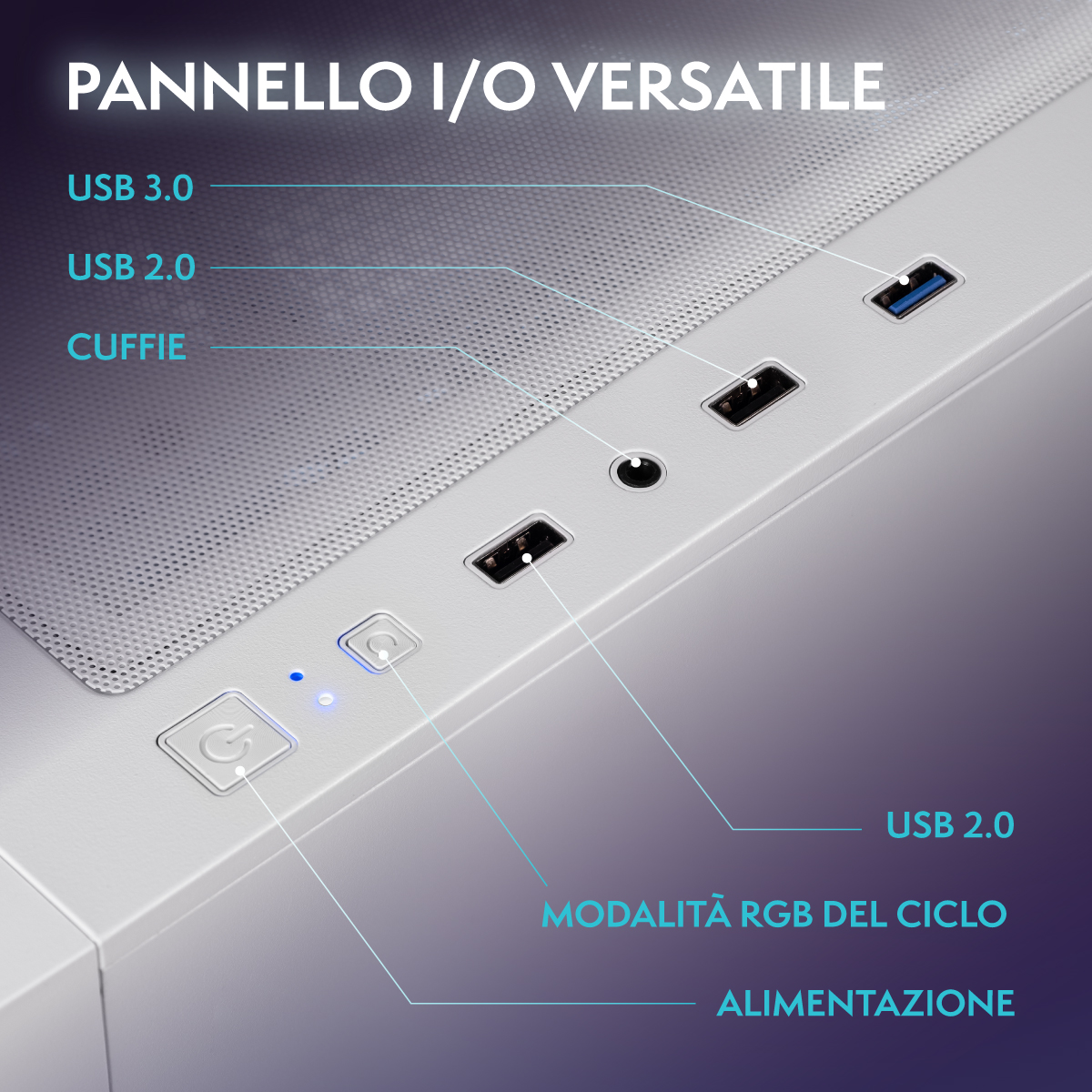 Panel de E/S de PC: USB 3.0, USB 2.0, conector de auriculares, botón de encendido.