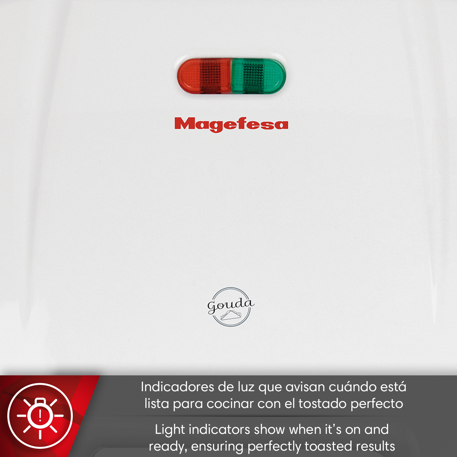 Tostadora blanca Magefesa con luces indicadoras rojas y verdes.