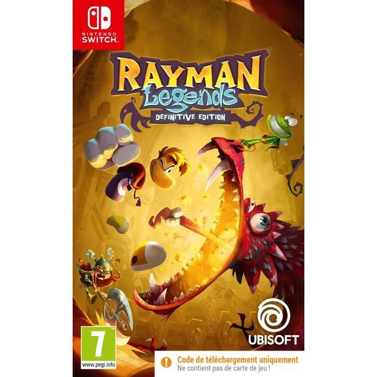 Okładka gry Nintendo Switch Rayman Legends: Definitive Edition. Postacie i smok.