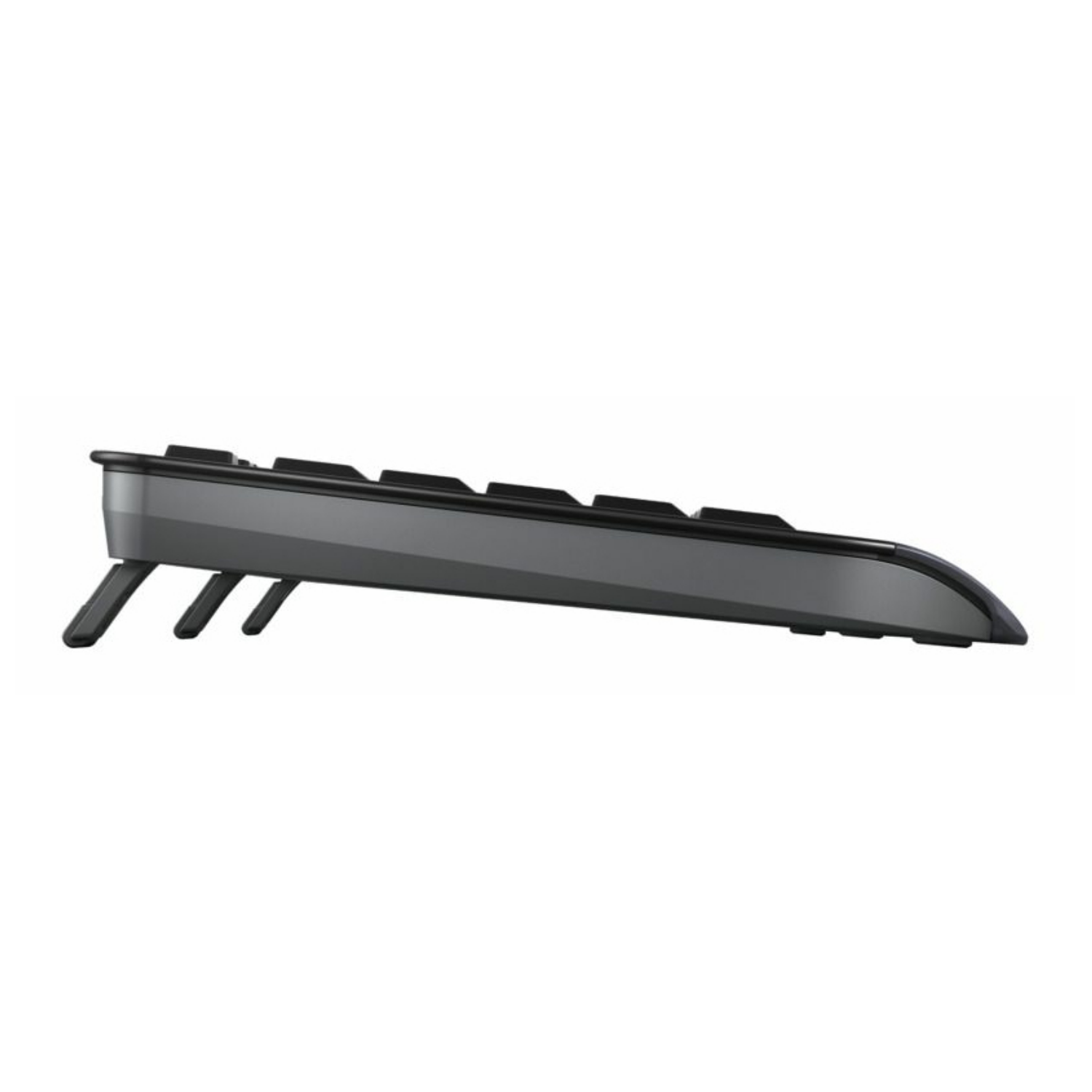 Side view of a gray keyboard with raised feet.