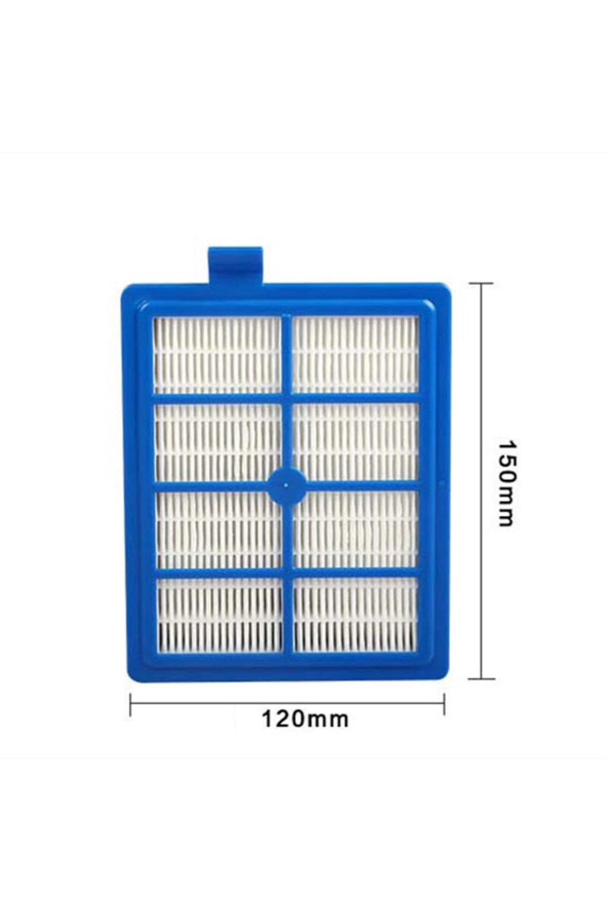 Beyaz ızgaralı mavi dikdörtgen elektrikli süpürge filtresi, 120x150mm.