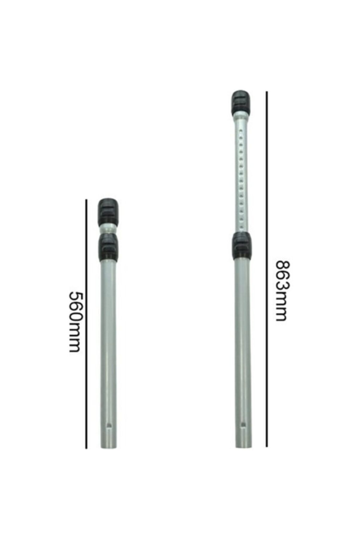 Siyah saplı iki gümüş teleskopik direk, 560mm ve 863mm ölçülerinde.