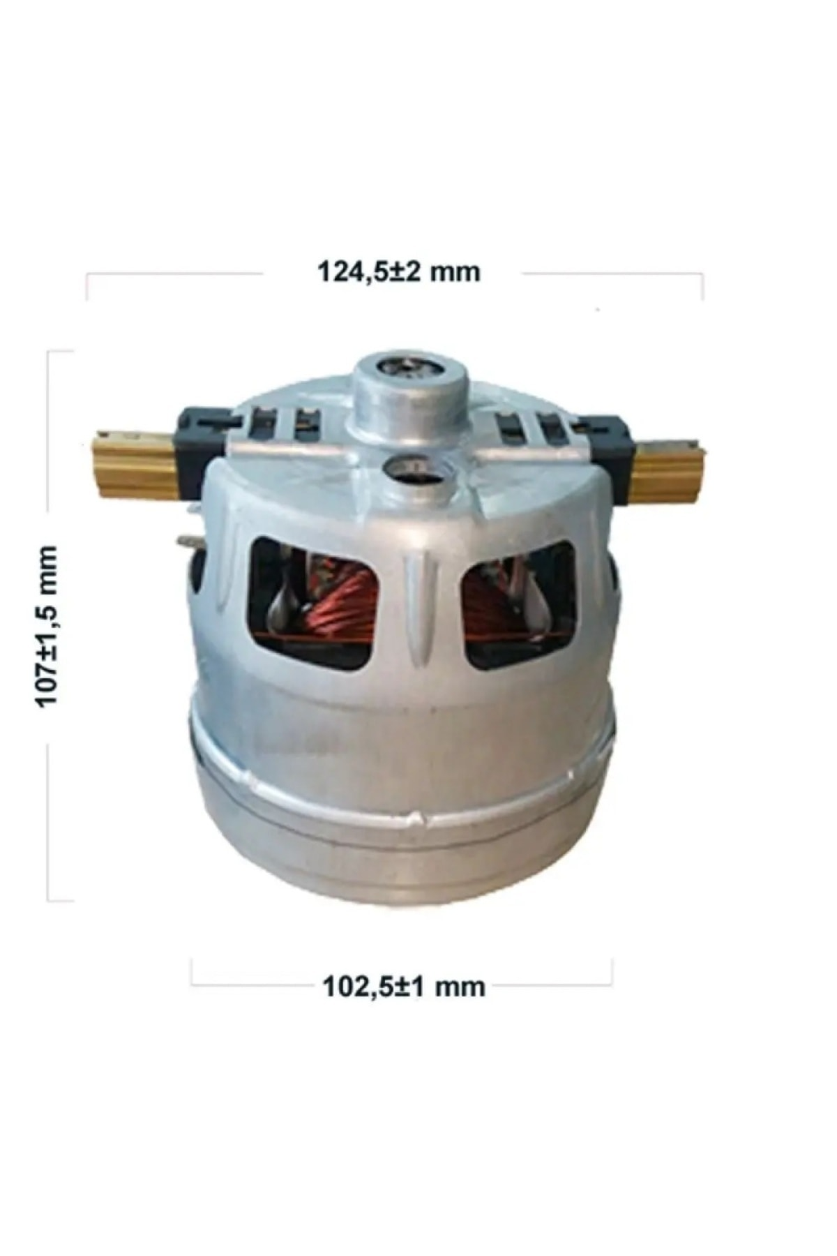 Gümüş vakum motoru, bakır sargılı, boyutları 124,5x107x102,5 mm.