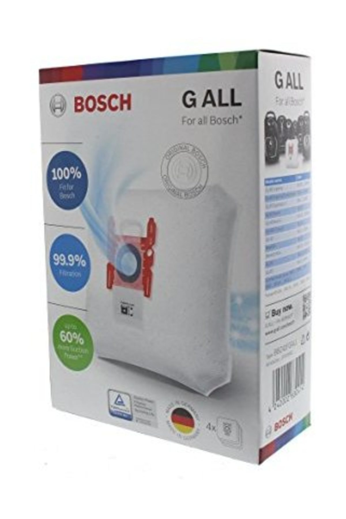 Bosch G ALL elektrikli süpürge torbası ambalajı, %100 filtrelemeli.