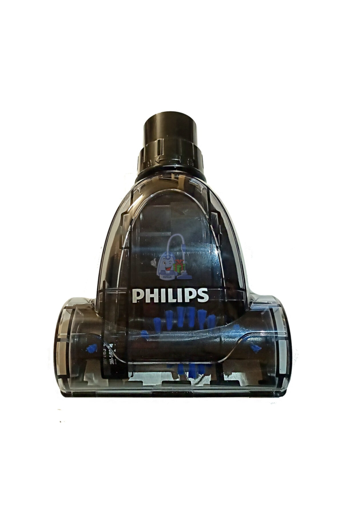 PHILIPS logolu, mavi fırçalı siyah şeffaf elektrikli süpürge başlığı.
