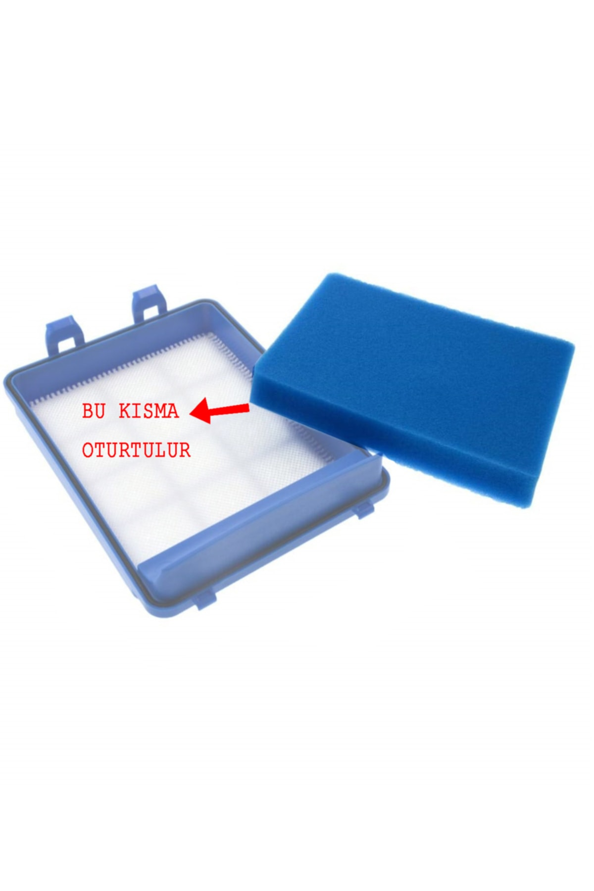 Açık mavi bir filtre çerçevesi yanında mavi sünger filtre.