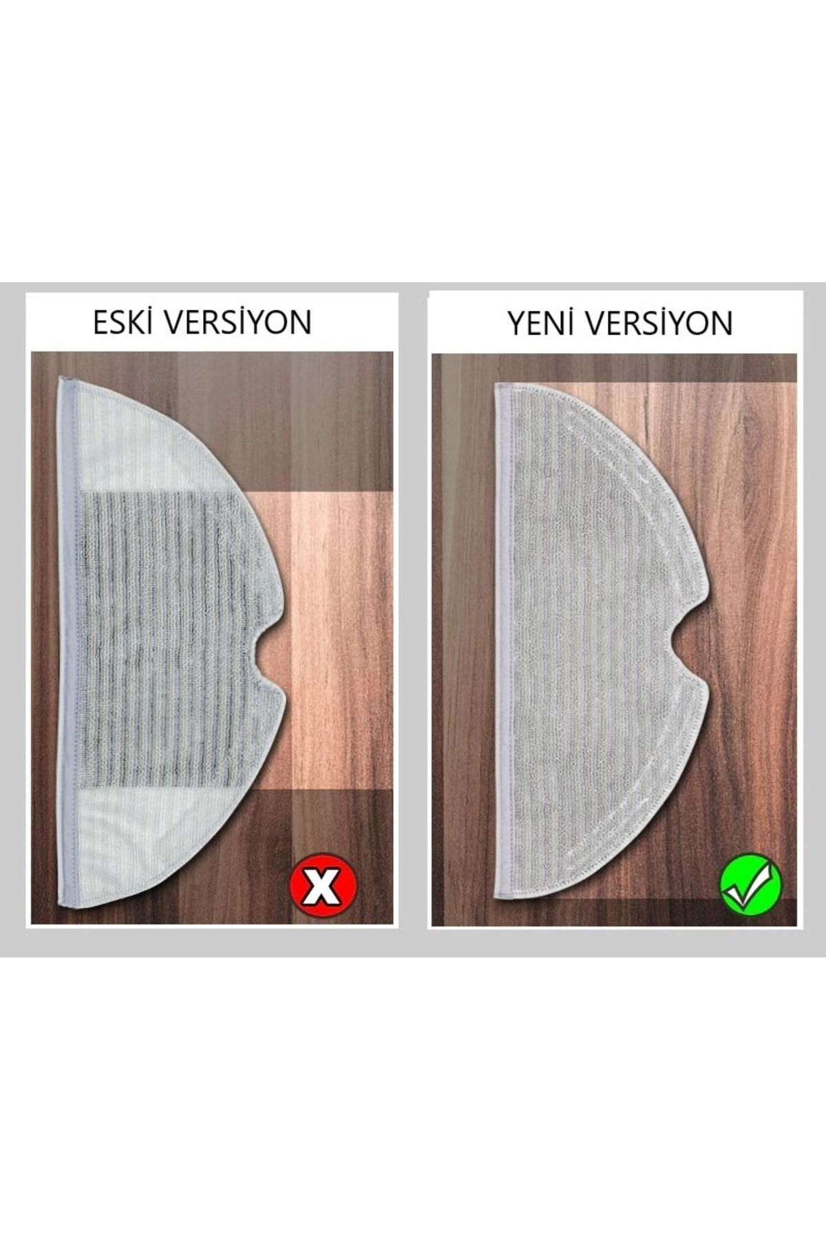 Ahşap zeminde iki paspas versiyonunun karşılaştırması. Sol: eski versiyon, X işareti. Sağ: yeni versiyon, tik işareti.