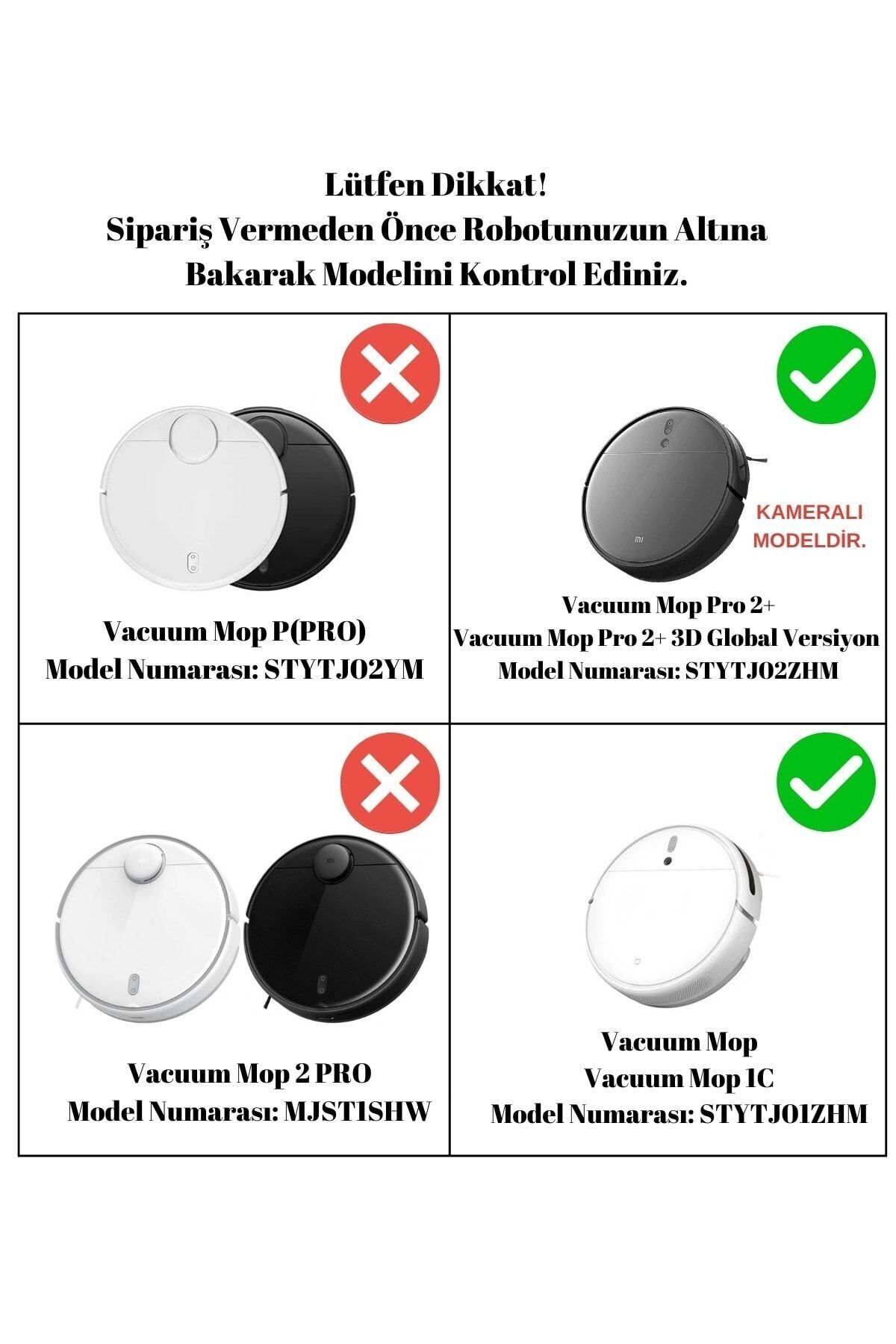 Dört elektrikli süpürge robot modeli: P(PRO), Pro 2+, 2 PRO ve IC. Kırmızı veya yeşil tik işaretli.