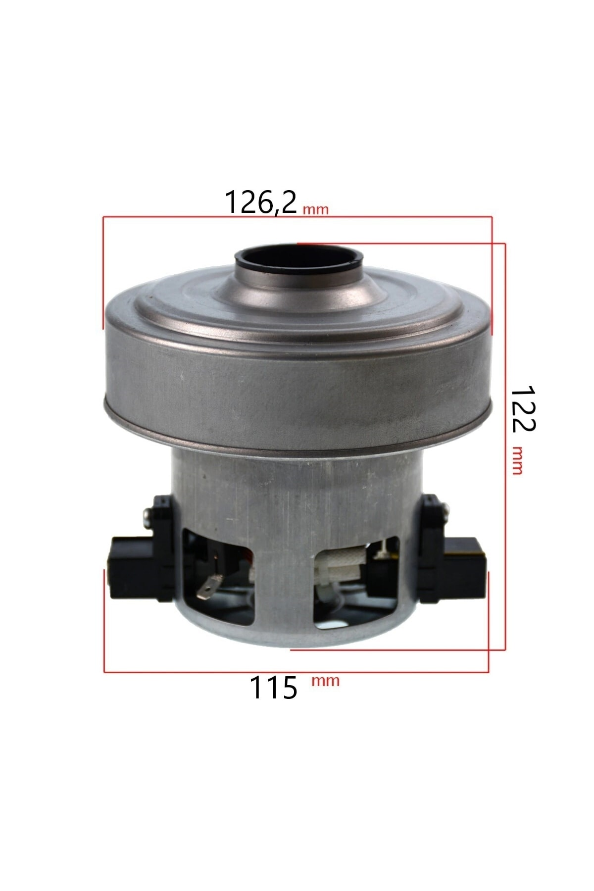 126,2 x 115 x 122 mm boyutlarında metal vakum motoru.