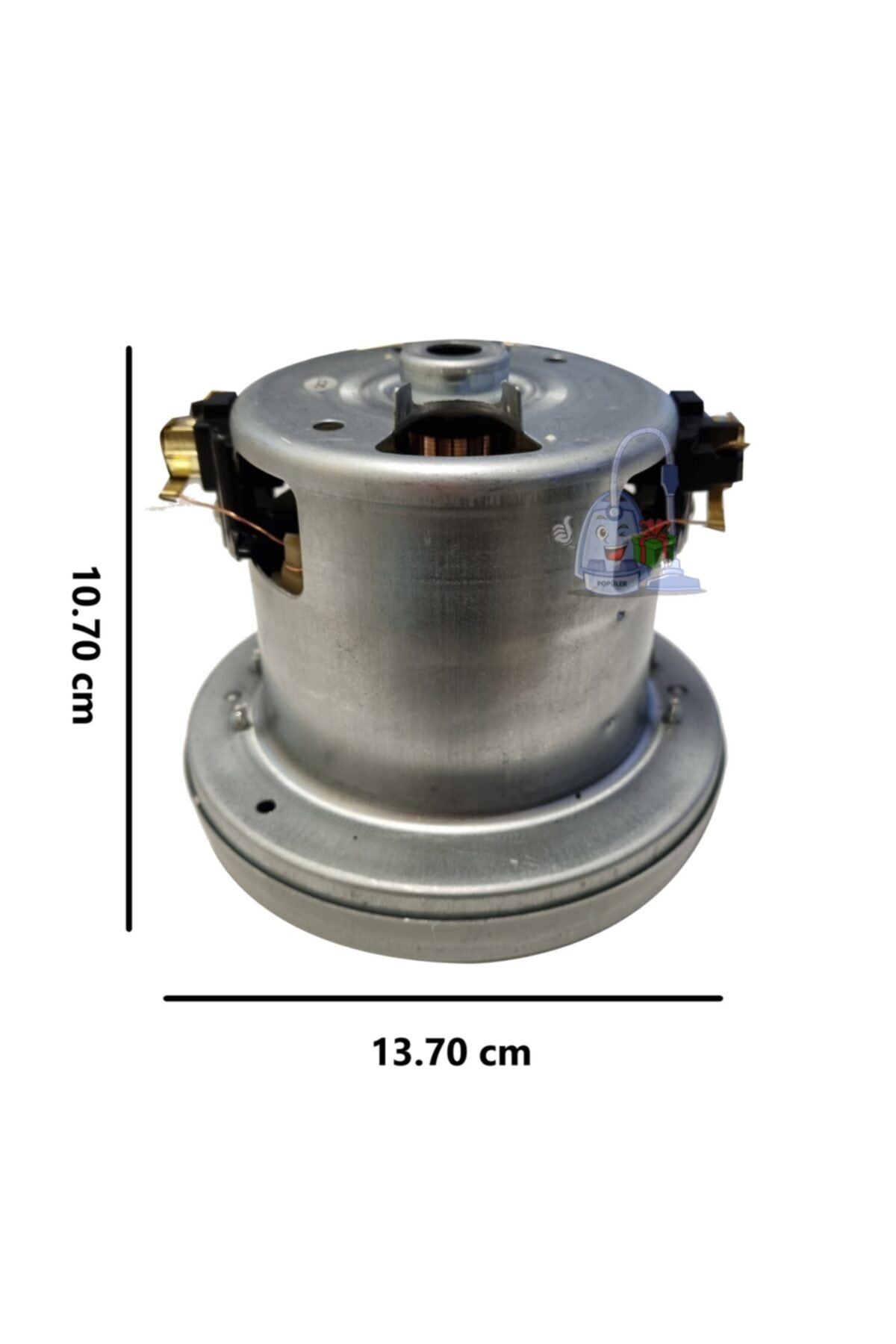 10,70 cm x 13,70 cm boyutlarında gümüş renkli vakum motoru.