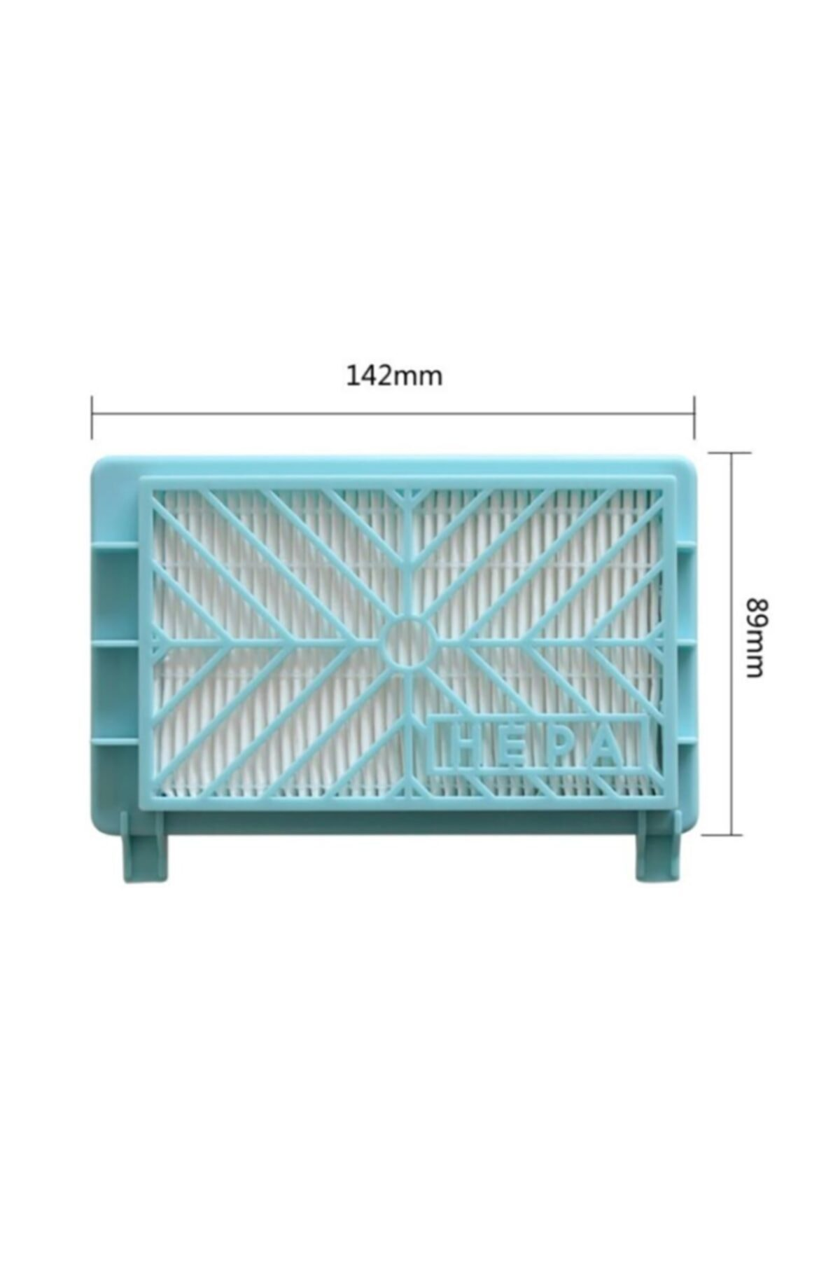 Beyaz filtre malzemeli ve ızgara desenli mavi HEPA filtre (142x89mm).