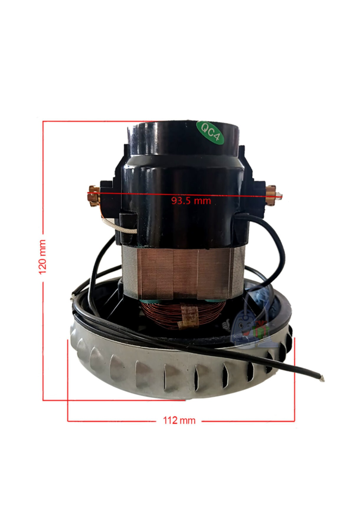 Süpürge motoru, 120mm x 112mm boyutlarında. QC4 etiketli.