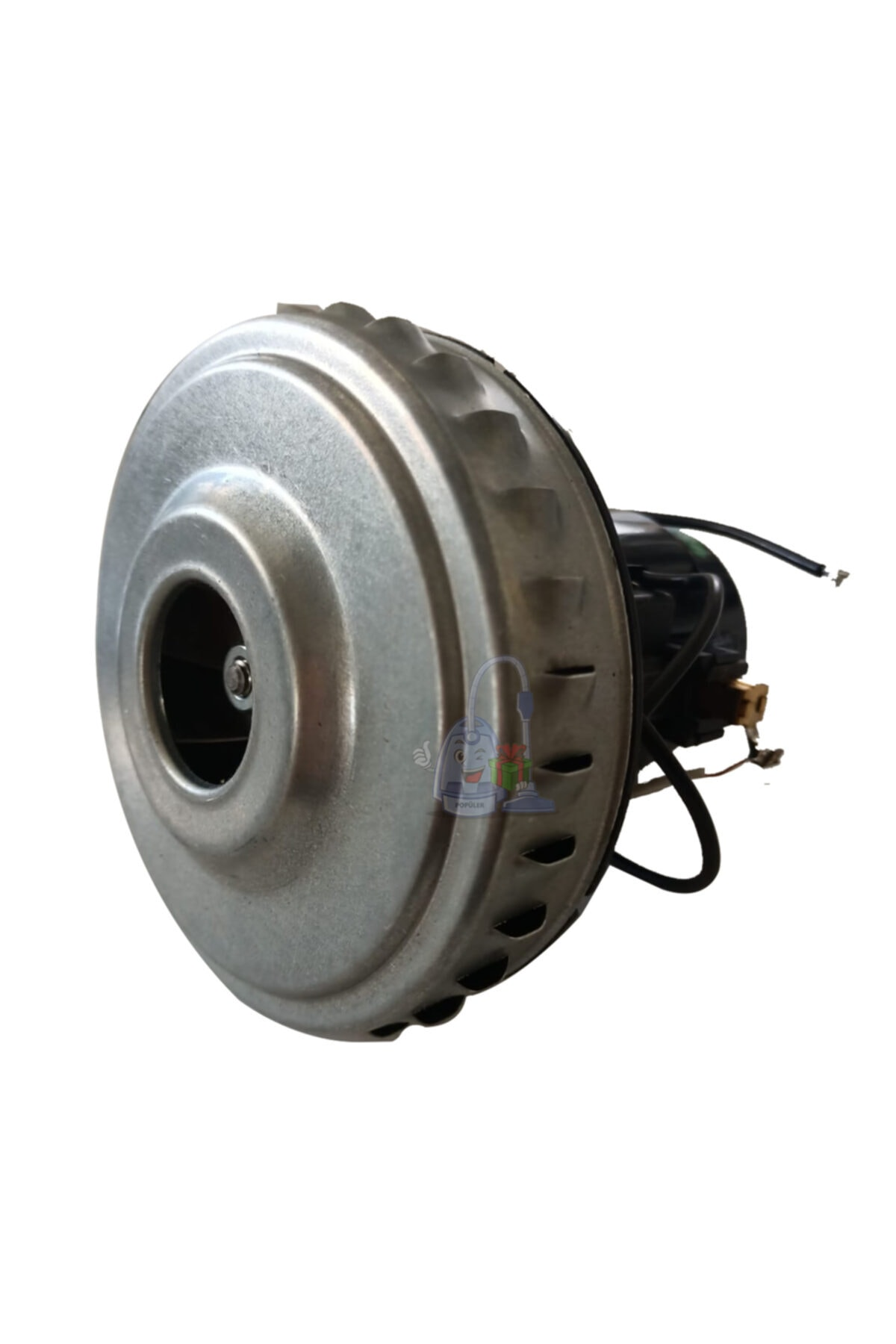 Gümüş metal kasalı, siyah kablolu, fan kanatlı elektrikli süpürge motoru.