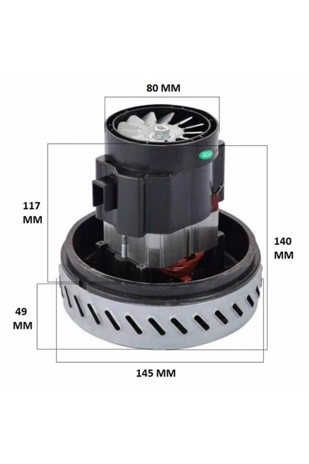 Fanlı motor, boyutlar 80x140x145mm, gümüş ızgaralı.