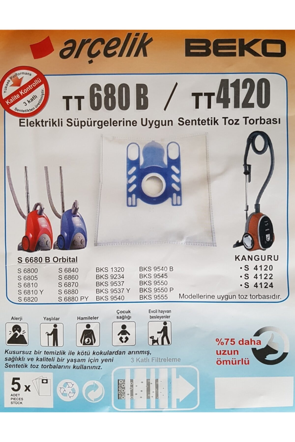 Arçelik ve Beko elektrikli süpürge torbası ambalajı, torba ve süpürge modelleri gösteriyor.