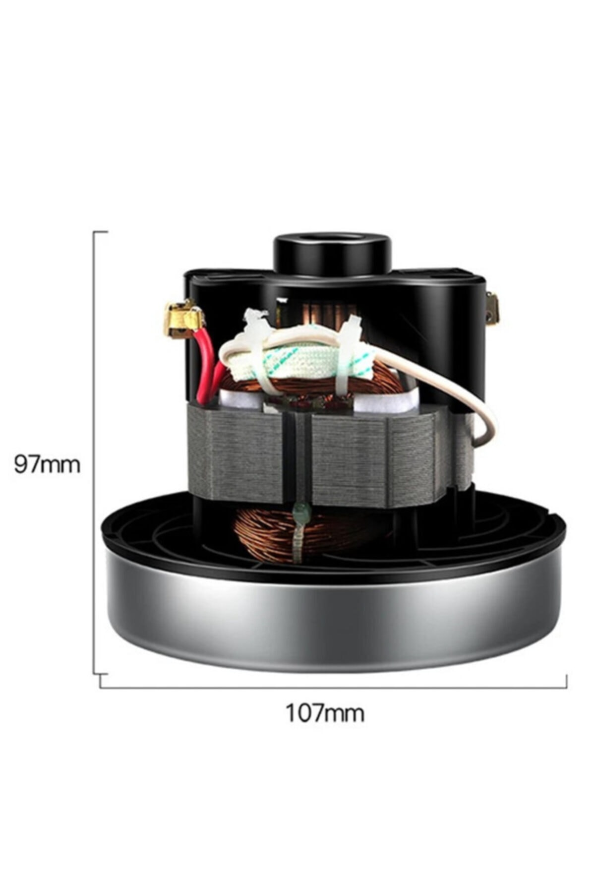 Bakır sargılı motor, 97mm yüksekliğinde, 107mm genişliğinde.