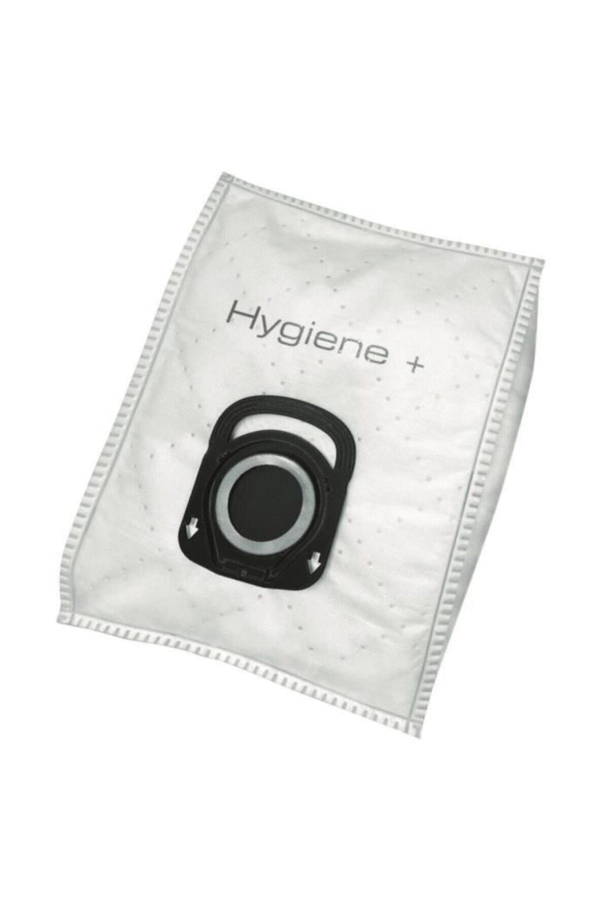 Siyah bağlantılı beyaz elektrikli süpürge torbası ve "Hygiene +" yazısı.