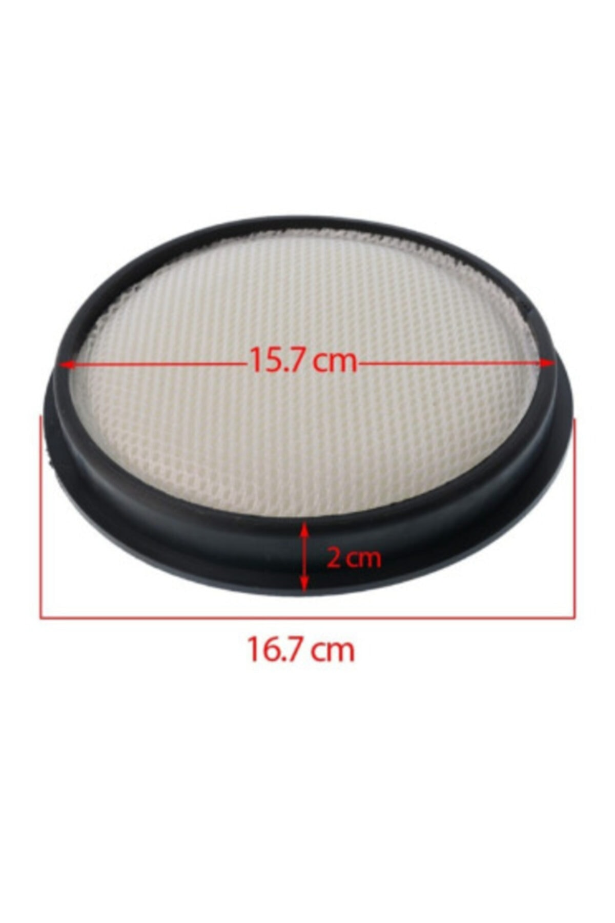 Siyah kenarlı yuvarlak filtre, 15,7 cm çap, 2 cm yükseklik.