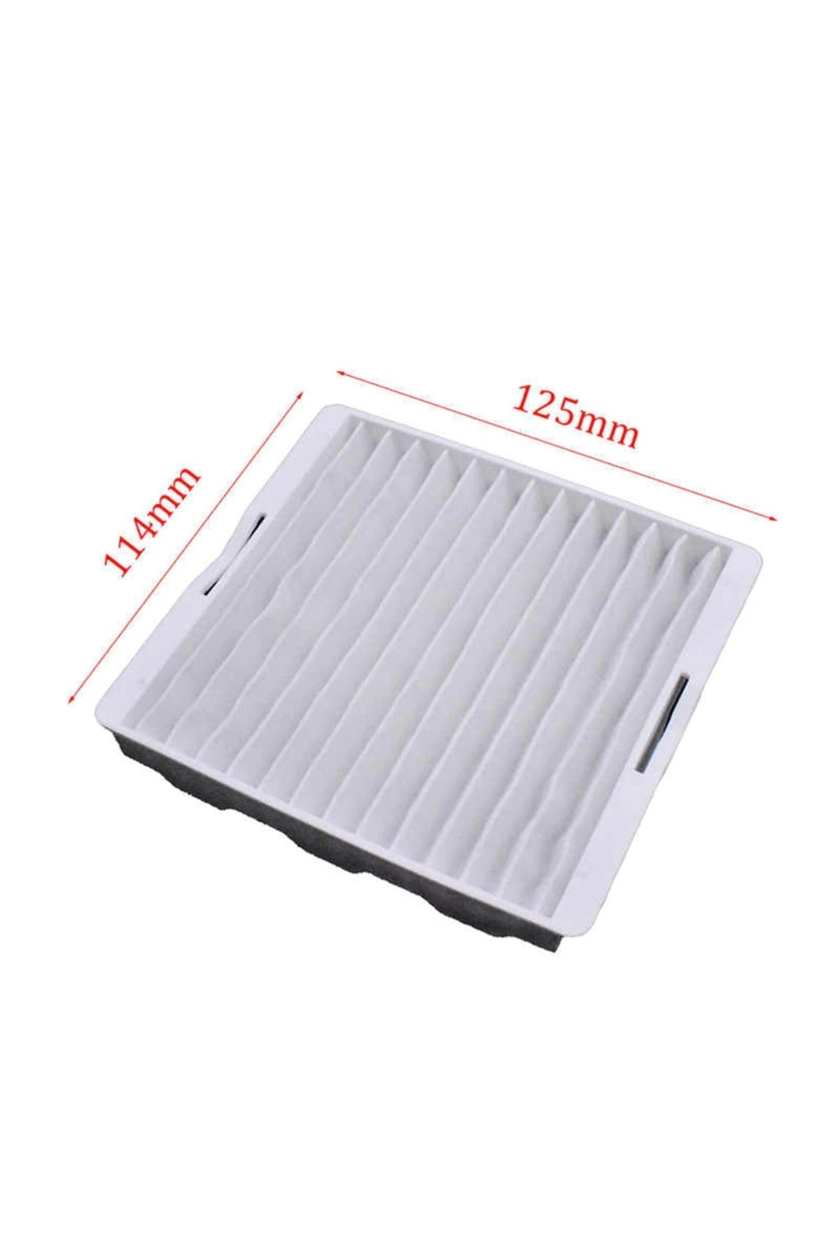 114mm x 125mm boyutlarında beyaz bir hava filtresi.