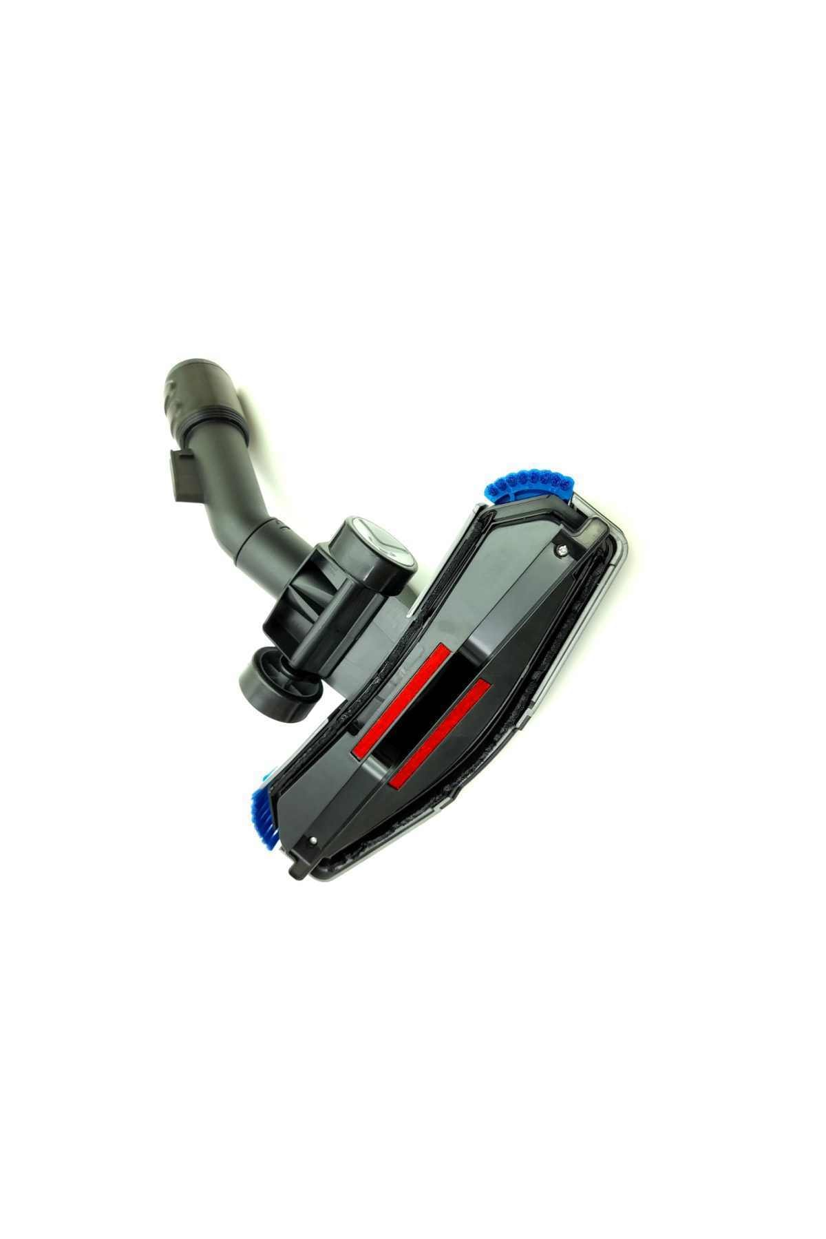 Mavi fırçalı ve kırmızı şeritli siyah elektrikli süpürge başlığı.