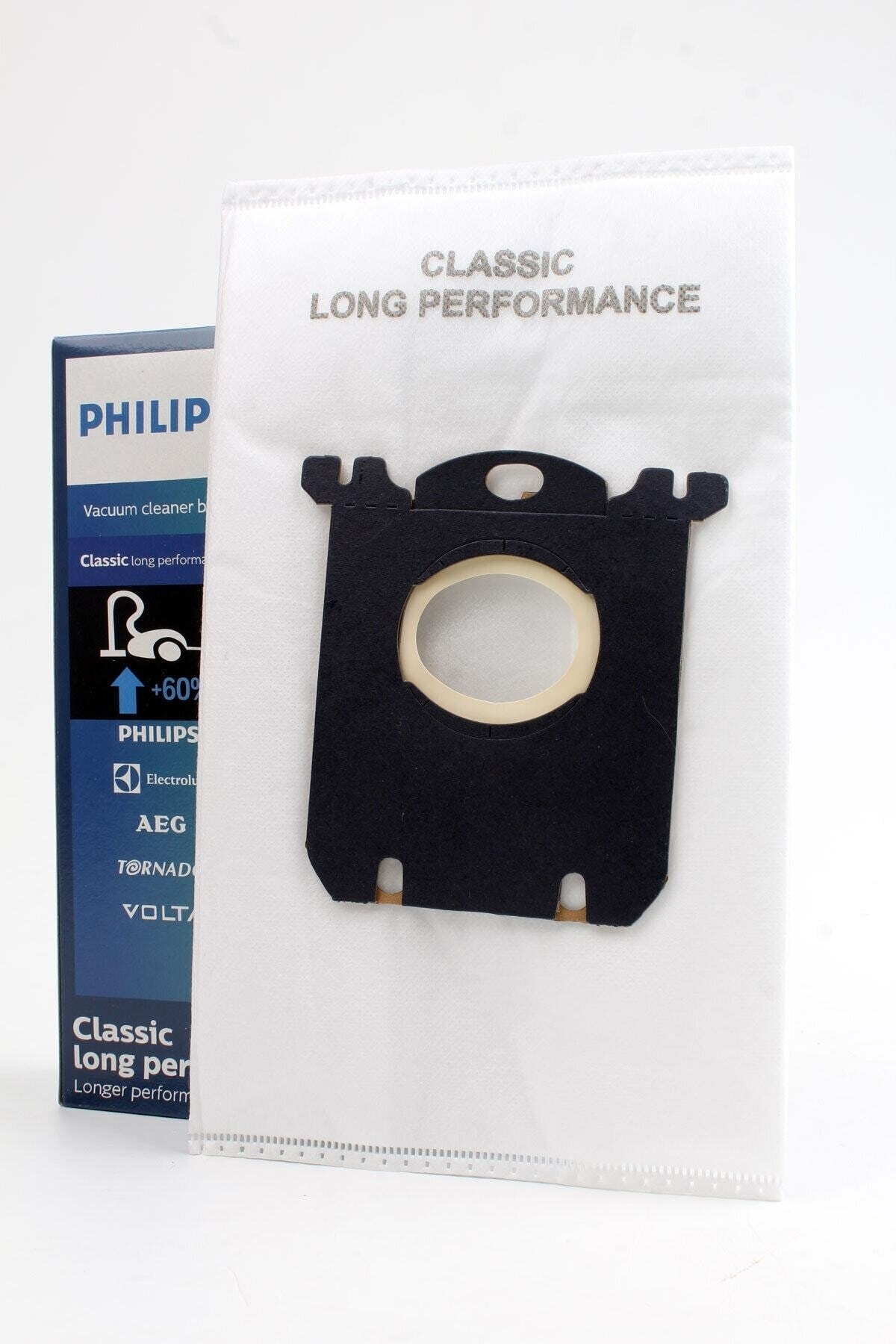 Philips elektrikli süpürge torbası, 'Classic Long Performance' etiketli ambalajın yanında.
