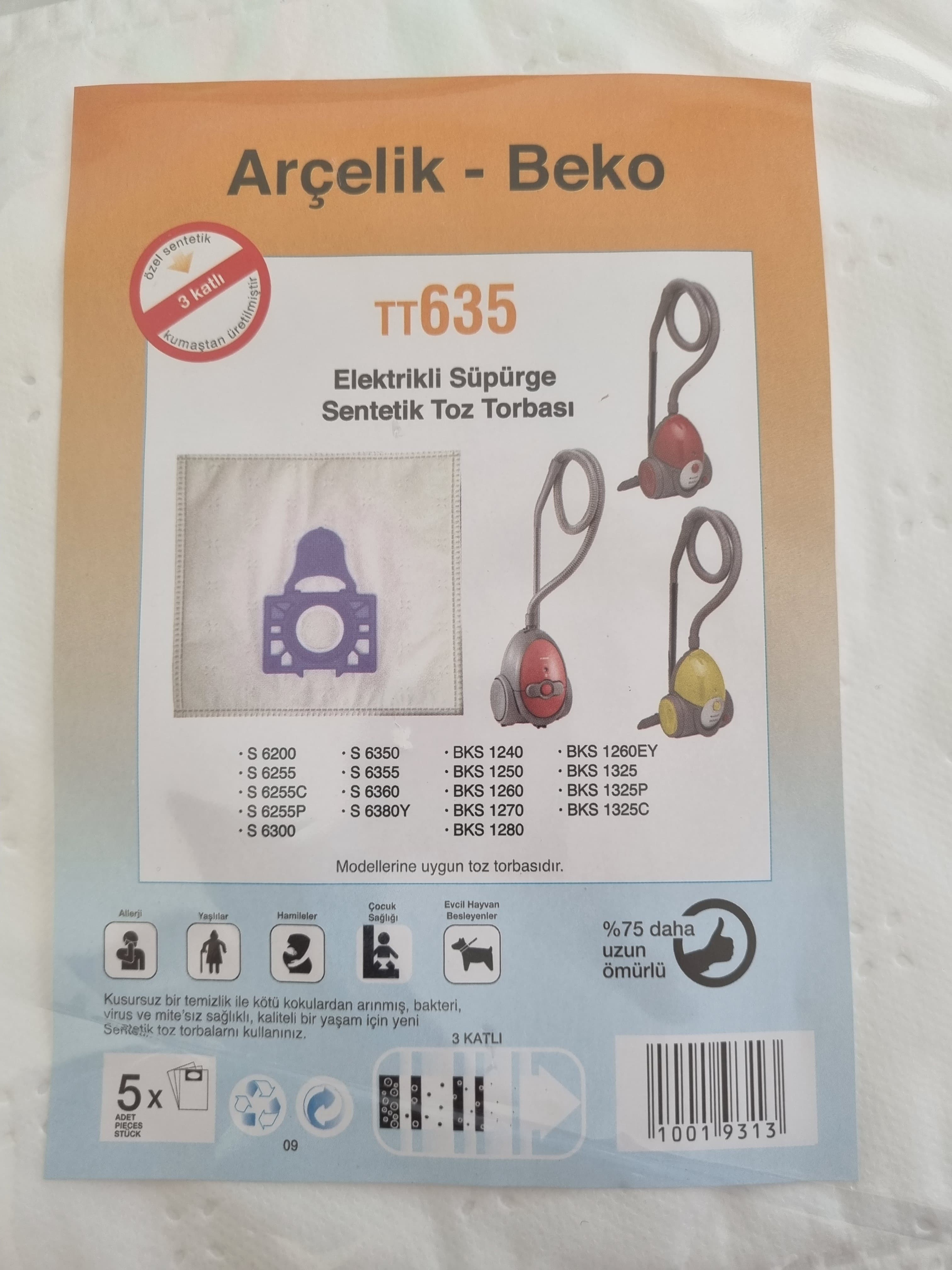 Arçelik-Beko TT635 sentetik süpürge torbası ambalajı, 3 katlı.