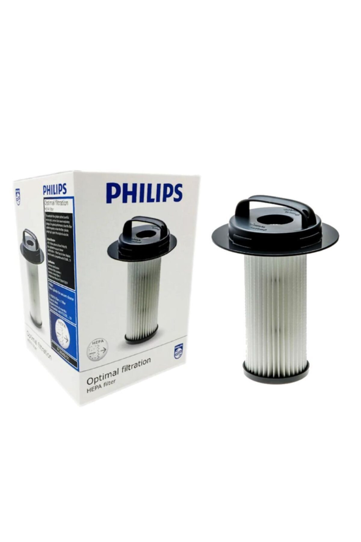 HEPA filtreli beyaz Philips kutusu ve yanında ayrı bir filtre.
