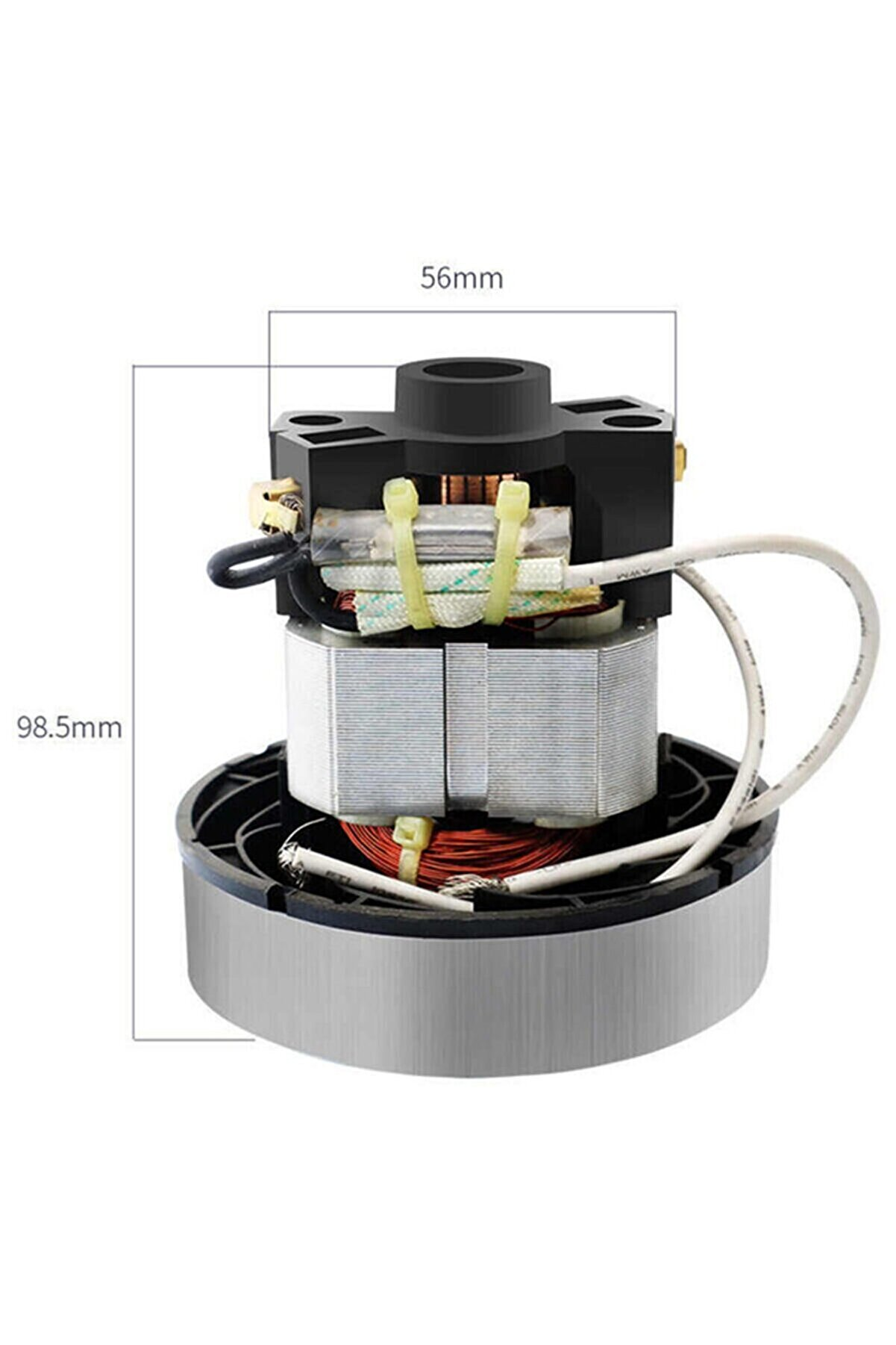 Bakır sargılı, siyah ve gümüş parçalı motor, boyutları 56mm x 98.5mm.