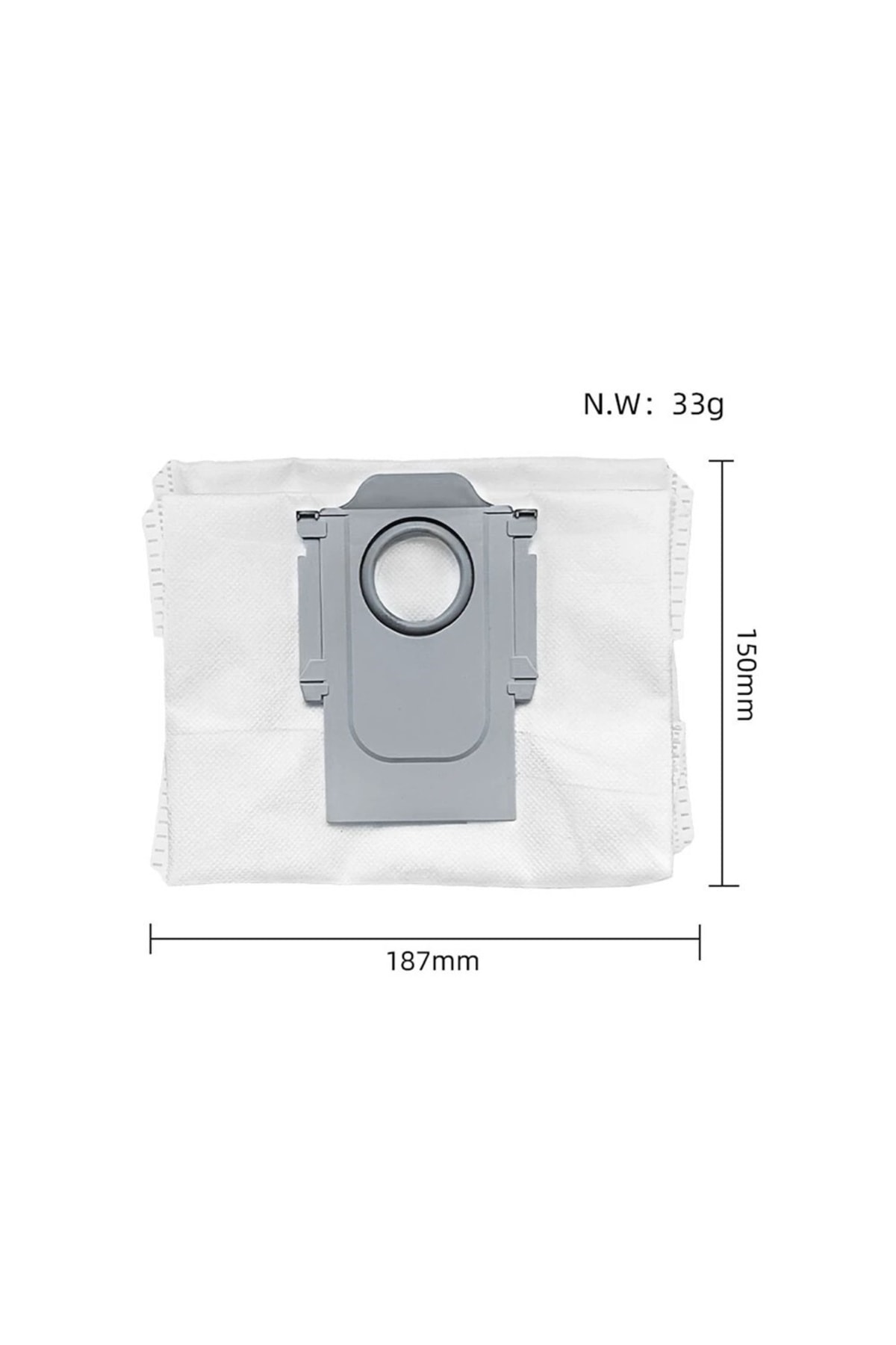 Gri bağlantılı beyaz elektrikli süpürge torbası. Boyutlar: 187x150mm, Ağırlık 33g.