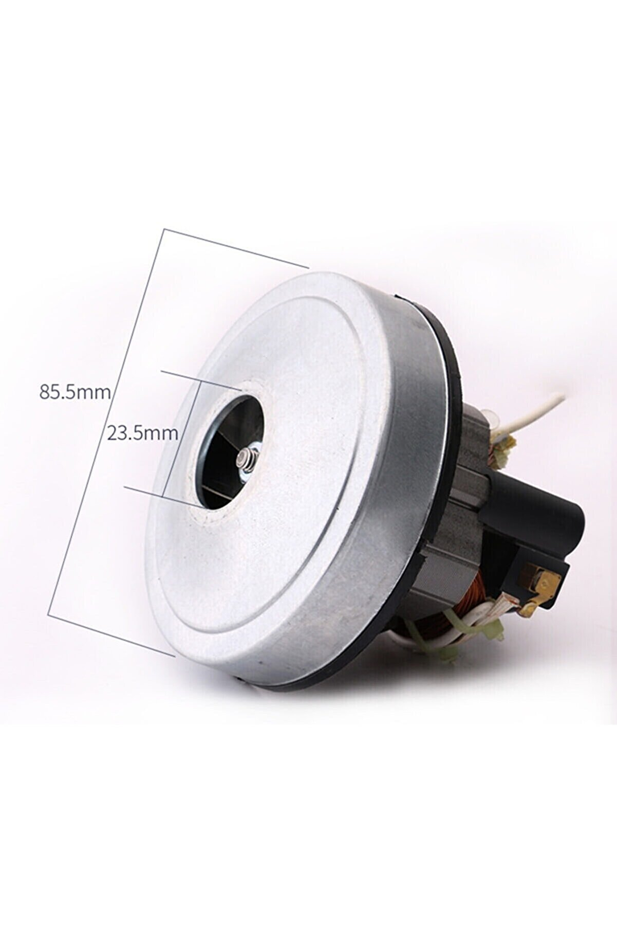 85,5 mm ve 23,5 mm boyutlarında gümüş renkli süpürge motoru.