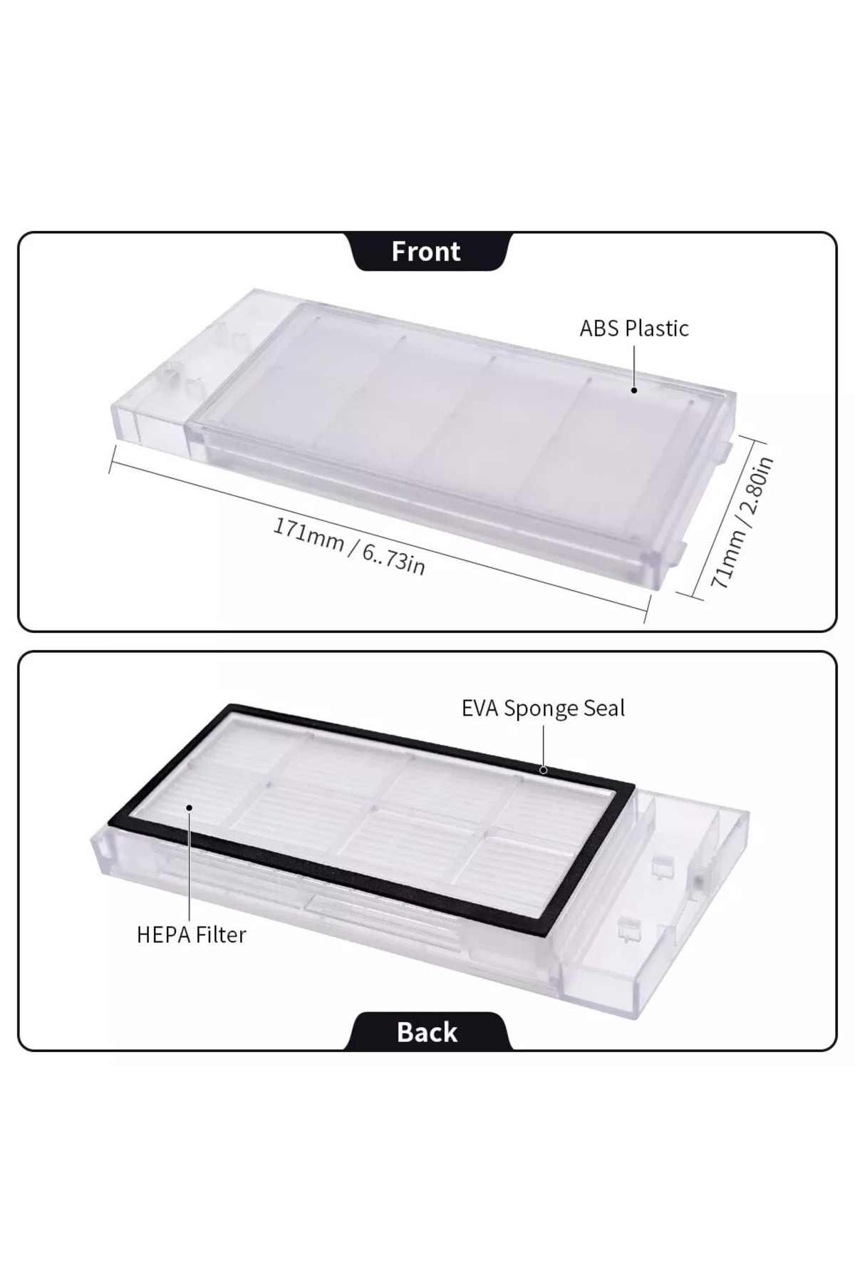 ABS plastik kasalı HEPA filtre, 171mm x 71mm.