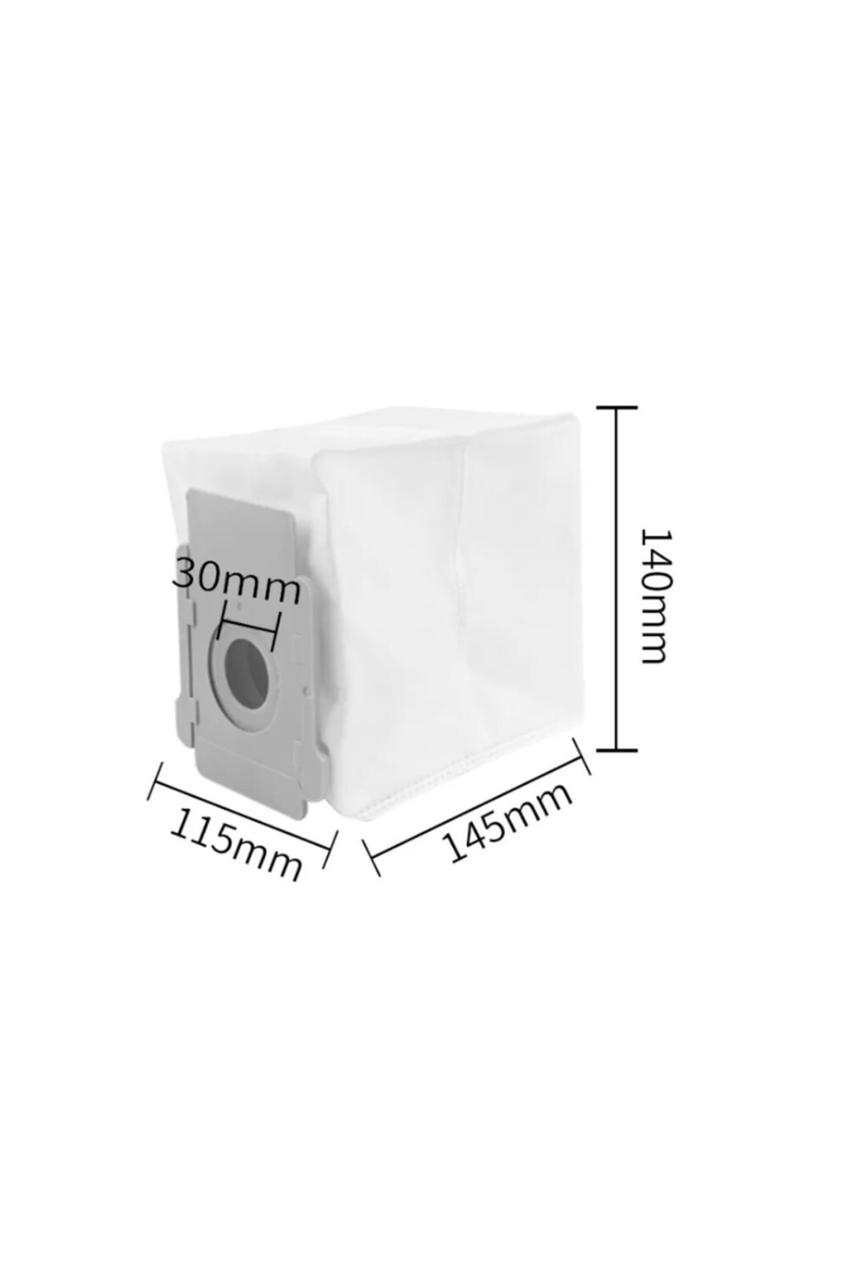 115x145x140mm boyutlarında ve 30mm açıklığında beyaz toz torbası.