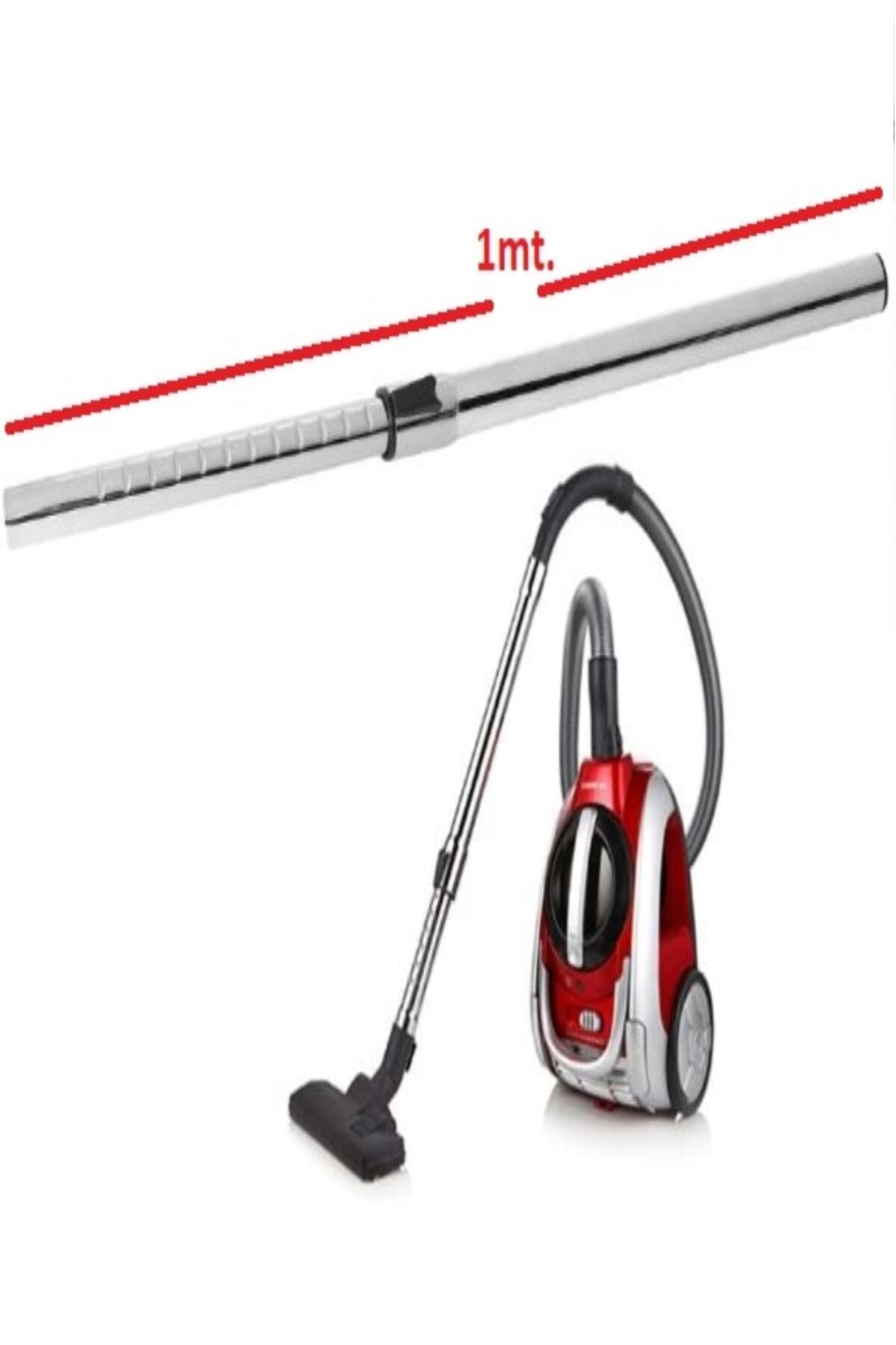 Uzun, uzatılabilir borulu kırmızı ve gümüş renkli elektrikli süpürge.