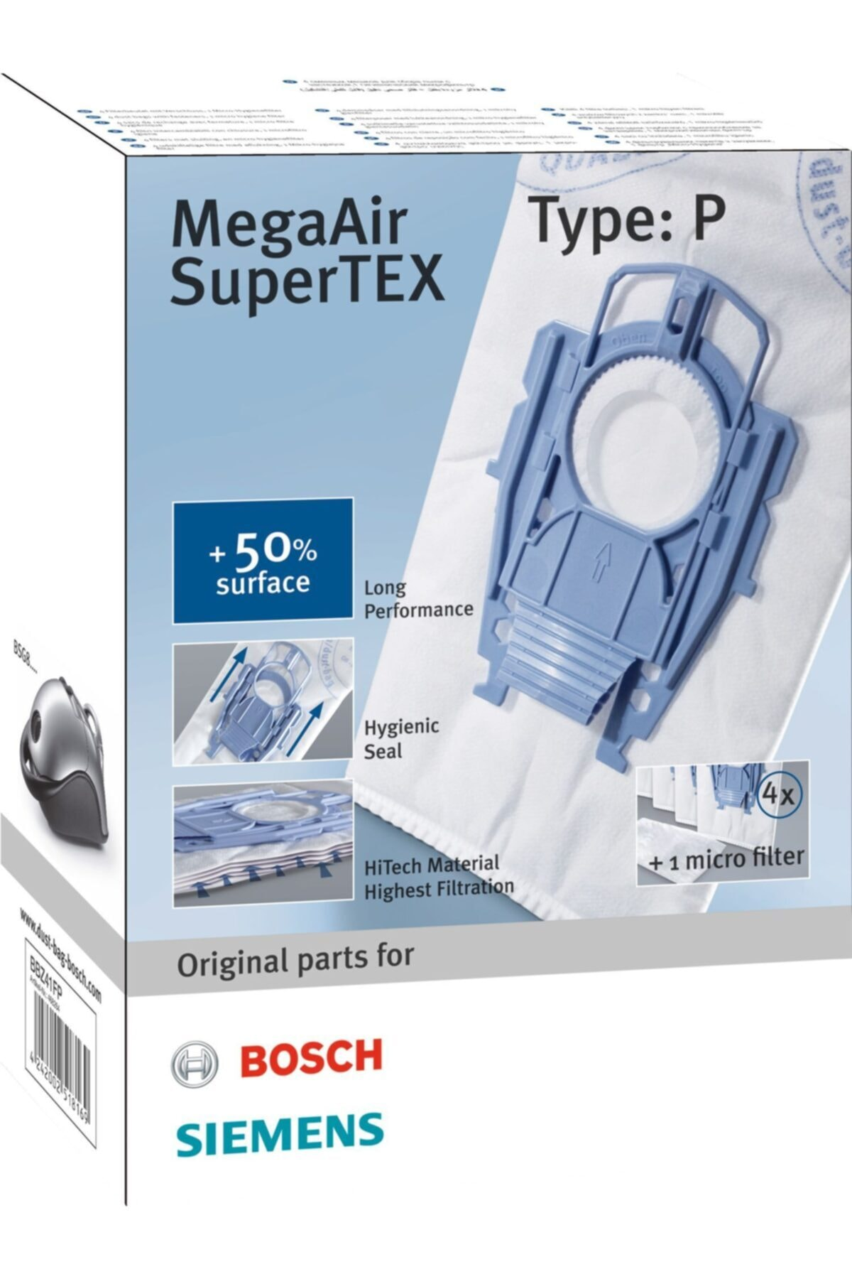 Bosch elektrik süpürgesi torbası MegaAir SuperTEX, Tip P, %50 daha fazla yüzey.