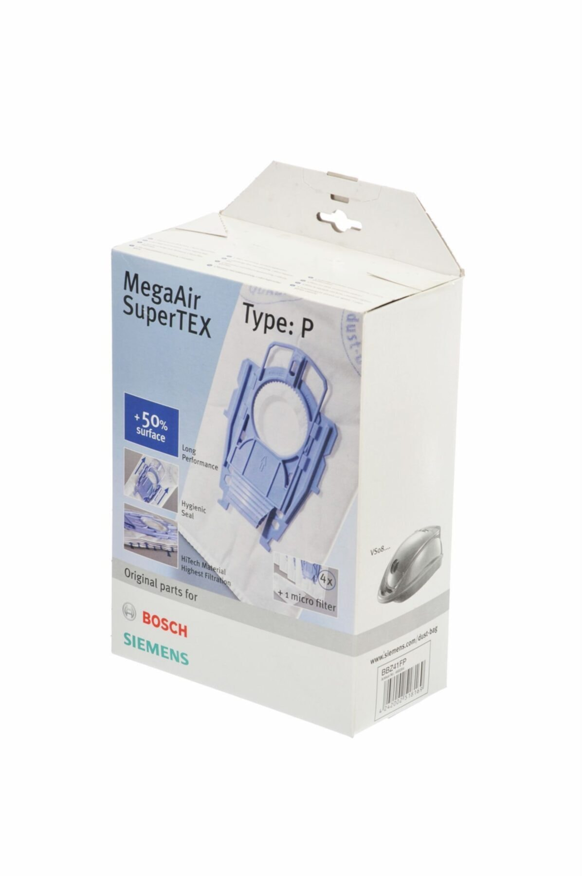 Bosch/Siemens elektrikli süpürge torbası ambalajı, Tip P, MegaAir SuperTEX.