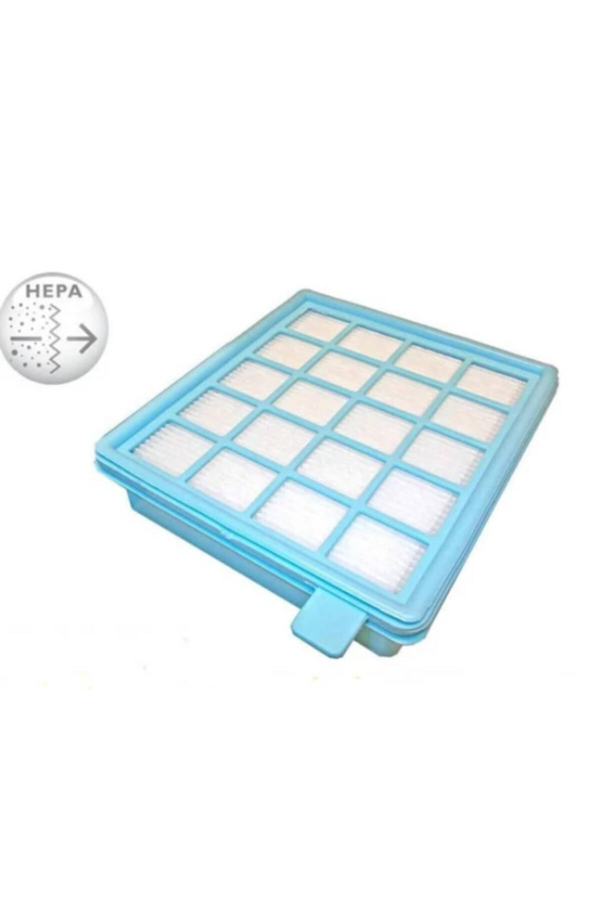 Izgaralı mavi HEPA filtre. Beyaz filtre medyumu görünür.