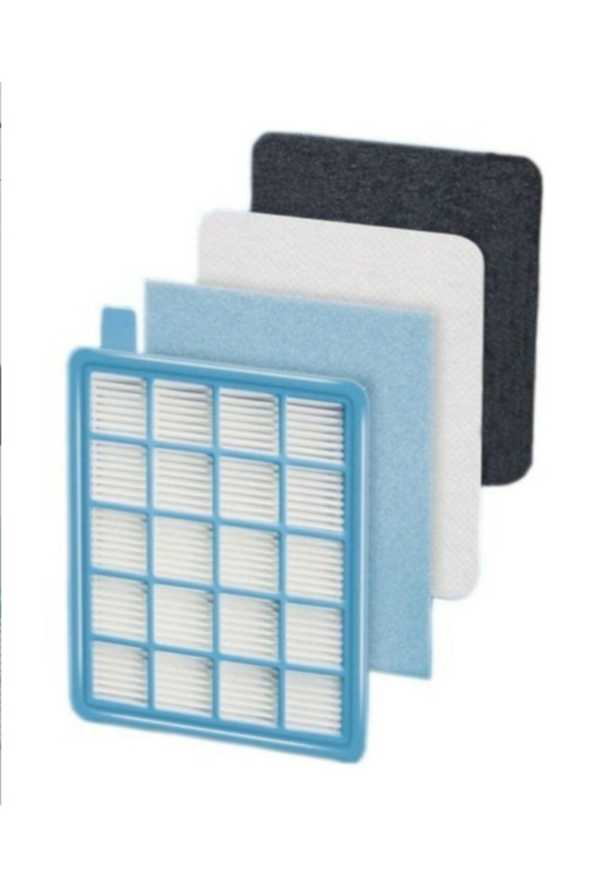 Beyaz çıtalı mavi çerçeve, arkasında üç filtre katmanı bulunur.