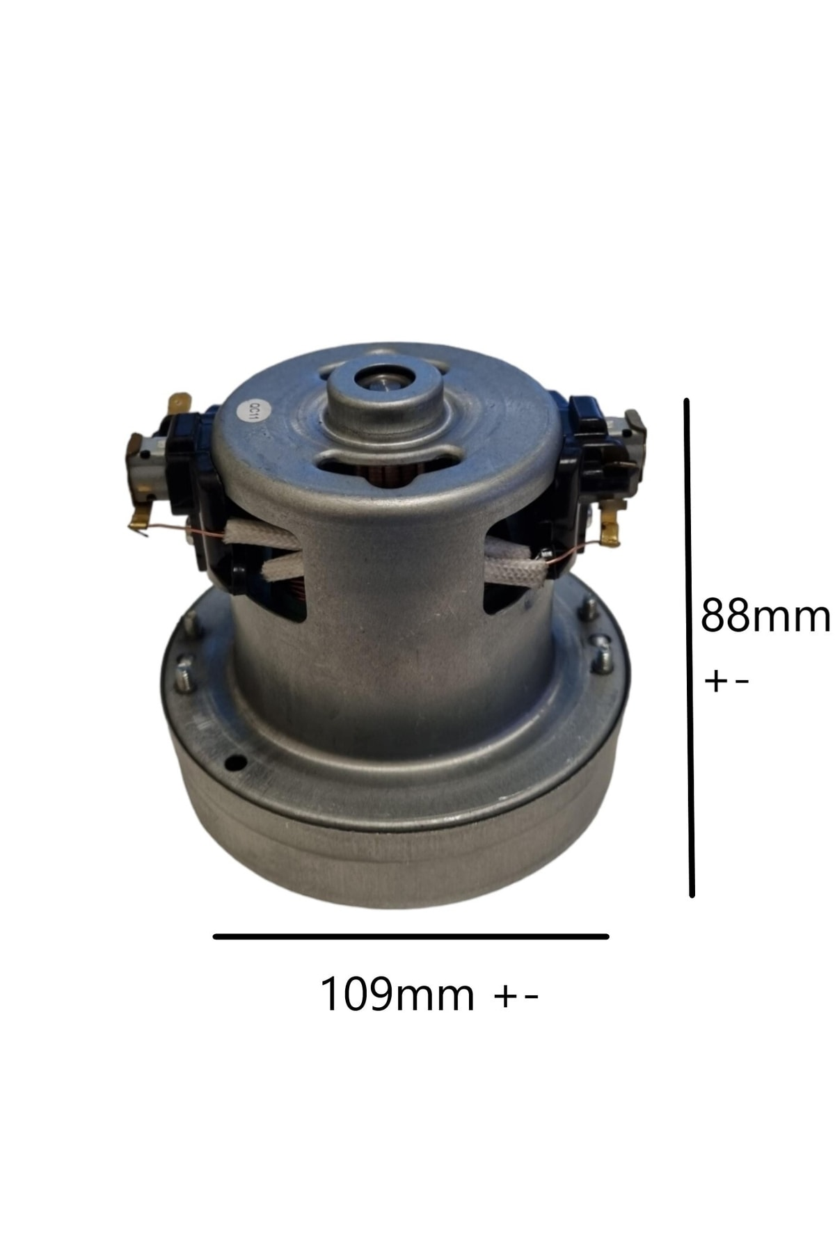 Gri elektrik süpürge motoru, 109mm genişlik, 88mm yükseklik. Bağlantılı.