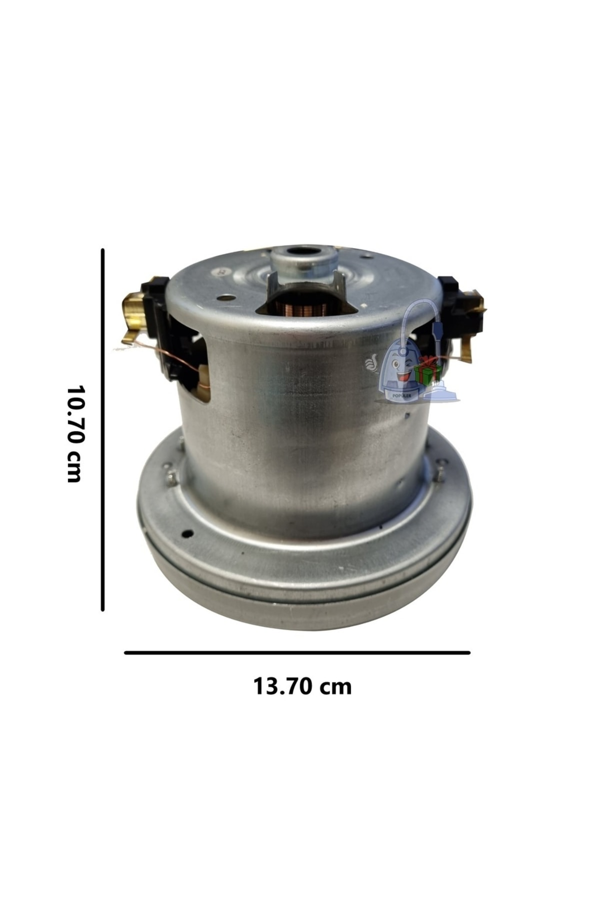 Metal motor, 10,70 cm yüksek, 13,70 cm geniş, konektörlü.