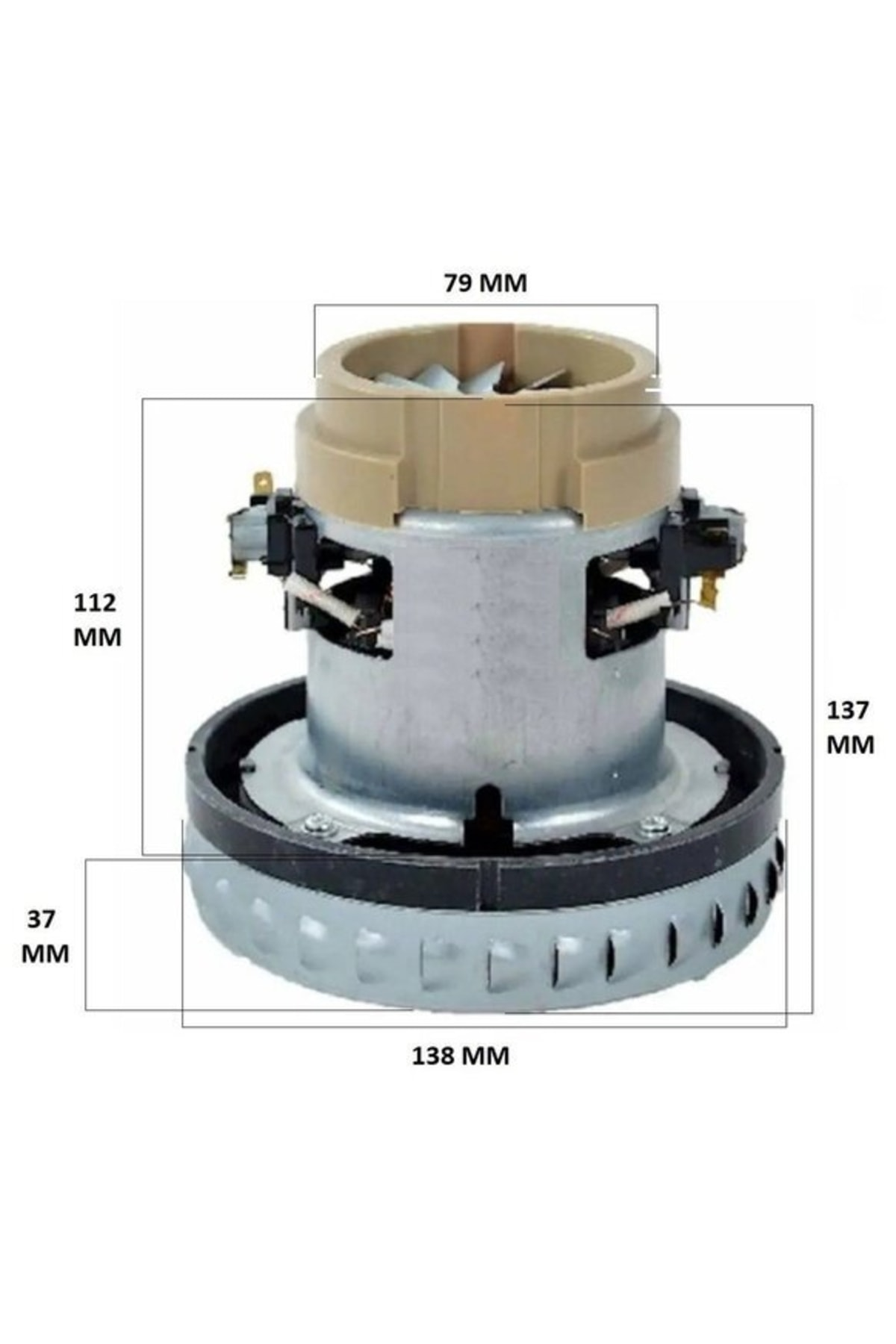 Boyutları verilmiş bir elektrikli süpürge motoru: yükseklik 112mm, genişlik 137mm, fan 79mm, taban 37mm.