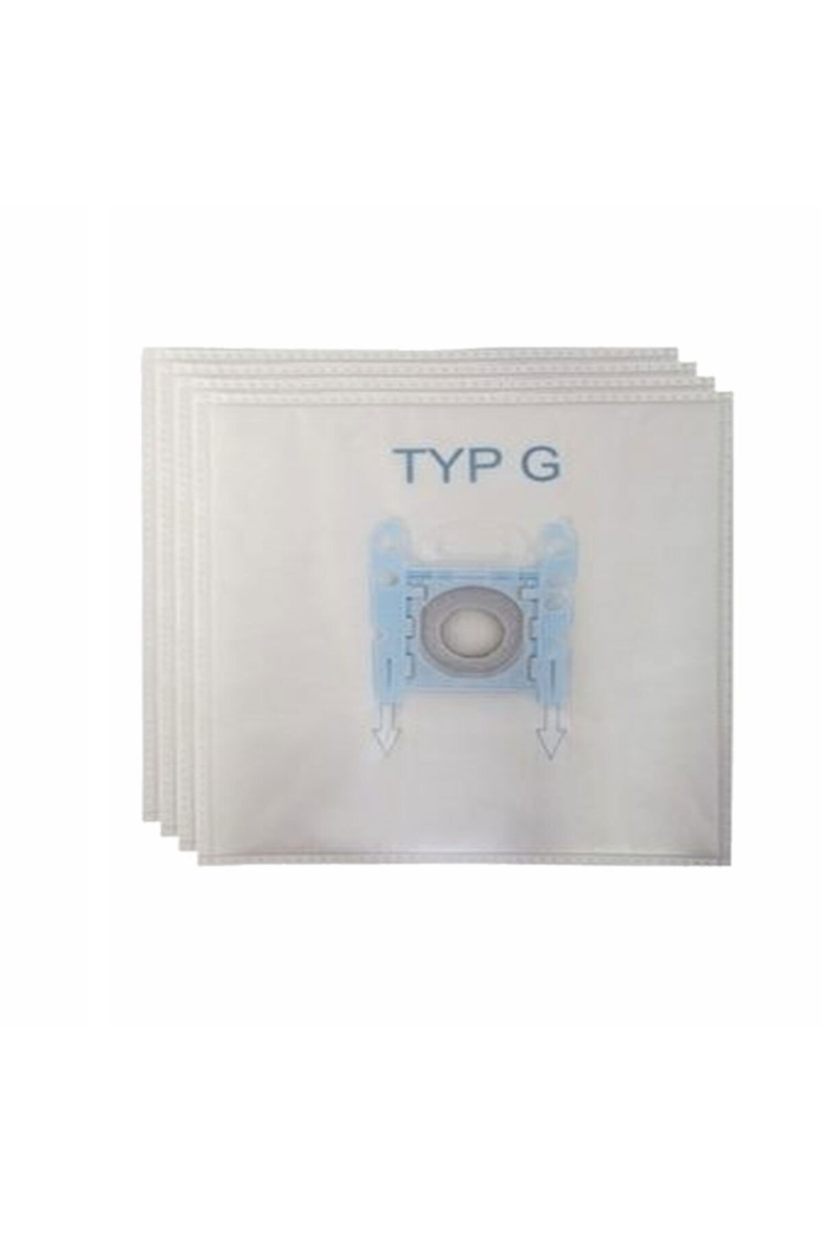 TYP G etiketli beyaz elektrikli süpürge torbaları yığını ve mavi konektör.